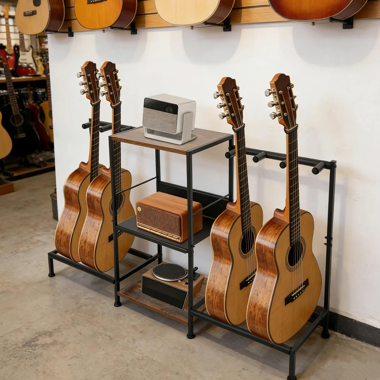 Wielofunkcyjny stojak na gitarę, 3-poziomowy, do gitary akustycznej/elektrycznej / basowej/ukulele | Stojak na gitarę do domu i studia, do 6 gitar, wzmacniaczy i płyt gramofonowych, stojak na gitarę