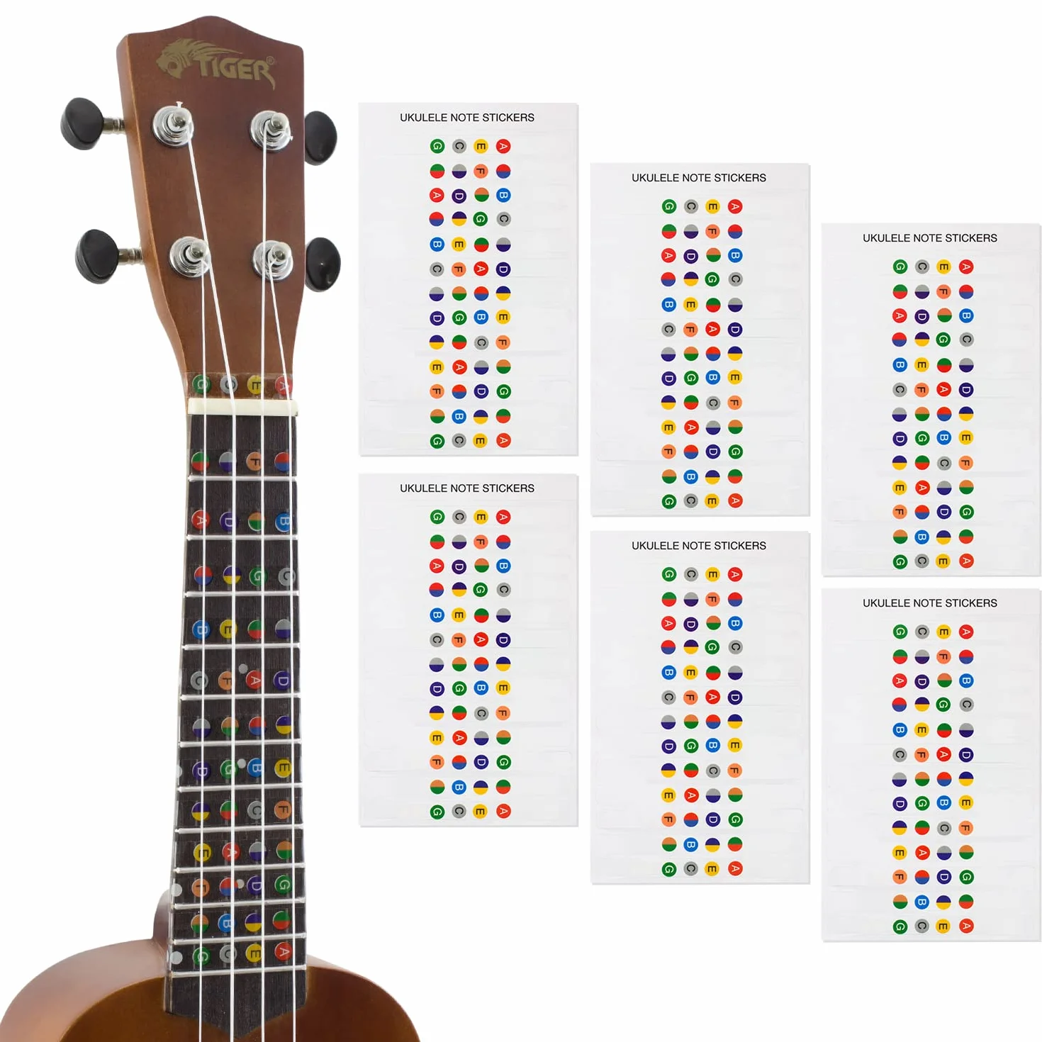 TIGER UKE-6-STICKER Naklejka na nuty ukulele – kolorowe naklejki na podstrunnicę – 6 opakowania