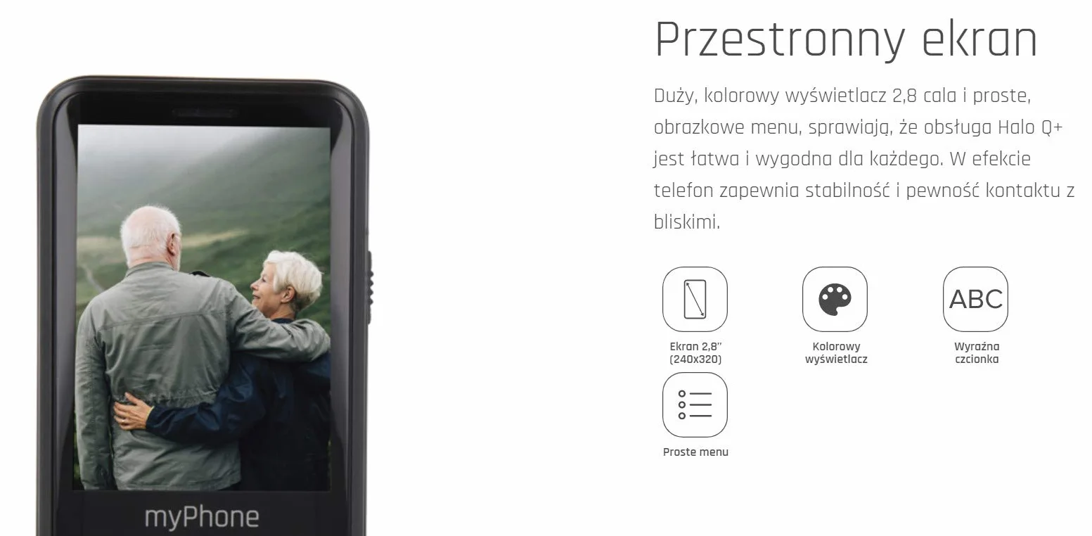 myPhone Halo Q+ 4family telefon dla seniora ze stacją ładującą, duży wyświetlacz 2,8 cala, mocna bateria 1400 mAh, aparat 2Mpx, duże klawisze, fotokontakty, 3G, przycisk SOS, latarka, dual SIM