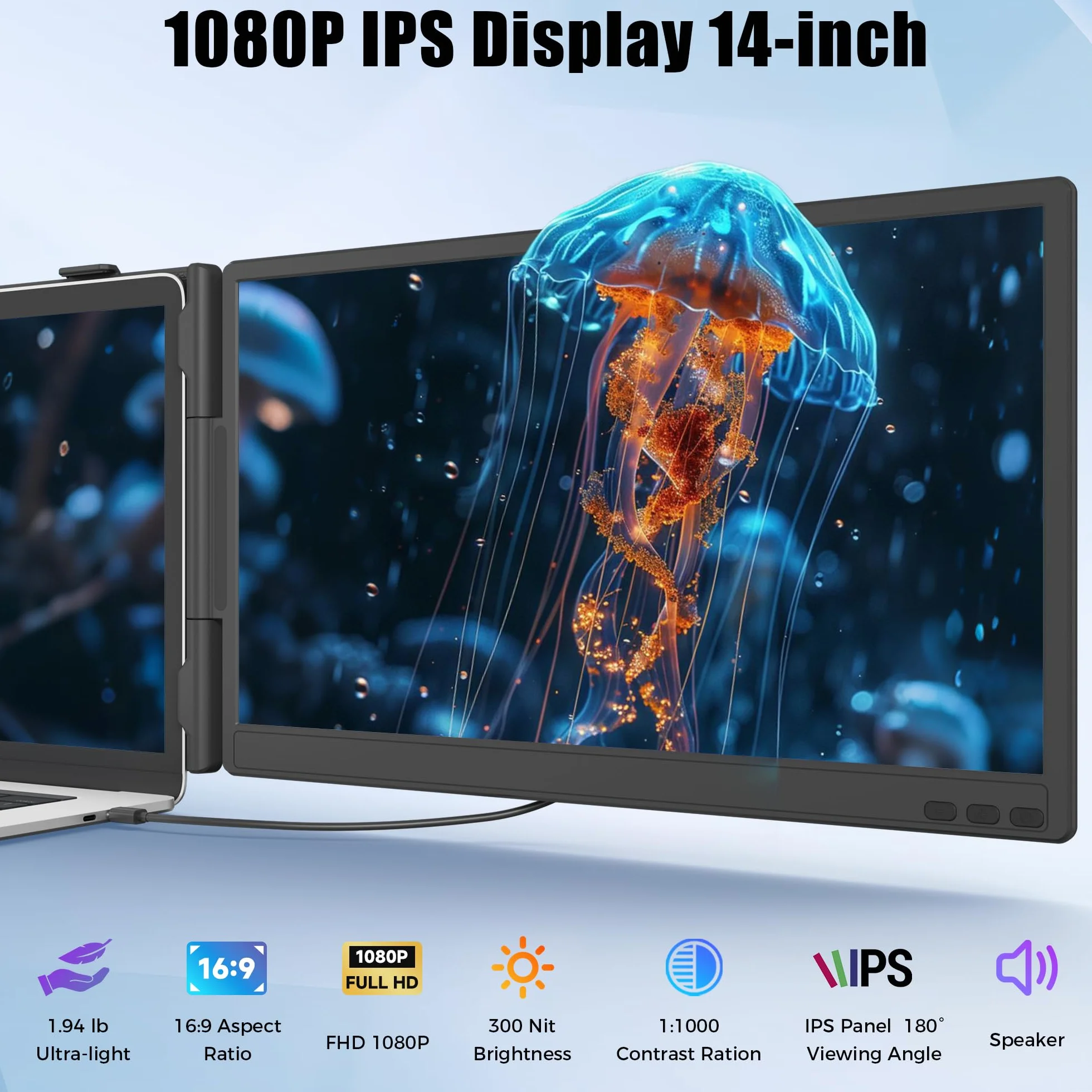 Przedłużacz ekranu laptopa, 35.6 cm FHD 1080P IPS Dual Screen Laptop, przenośny monitor do laptopów 13-17,3 cala