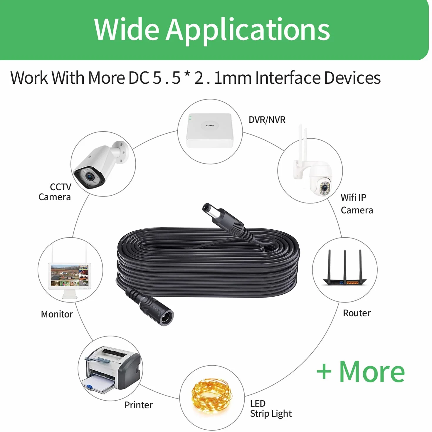 5 m DC Power przedłużacz, wtyczka 5,5 mm x 2,1 mm, obsługuje DC 5 V, 6 V, 9 V, 12 V, 24 V, do kamer bezpieczeństwa, DVR, routerów, drukarek, taśm LED, czarny