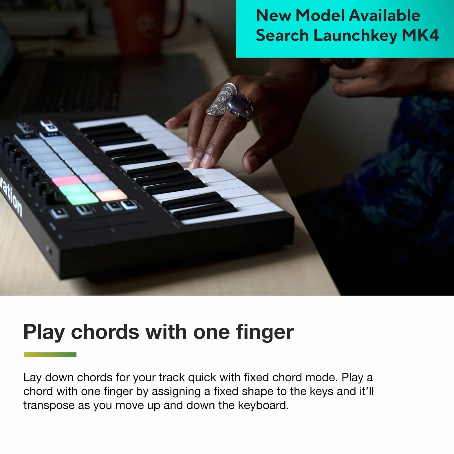 Novation Launchkey Mini (MK3), Kontroler klawiszowy MIDI, przenośny 25-klawiszowy, USB, z integracją z DAW Tryb Chord, tryb Scale i arpeggiator — do produkcji muzyki.