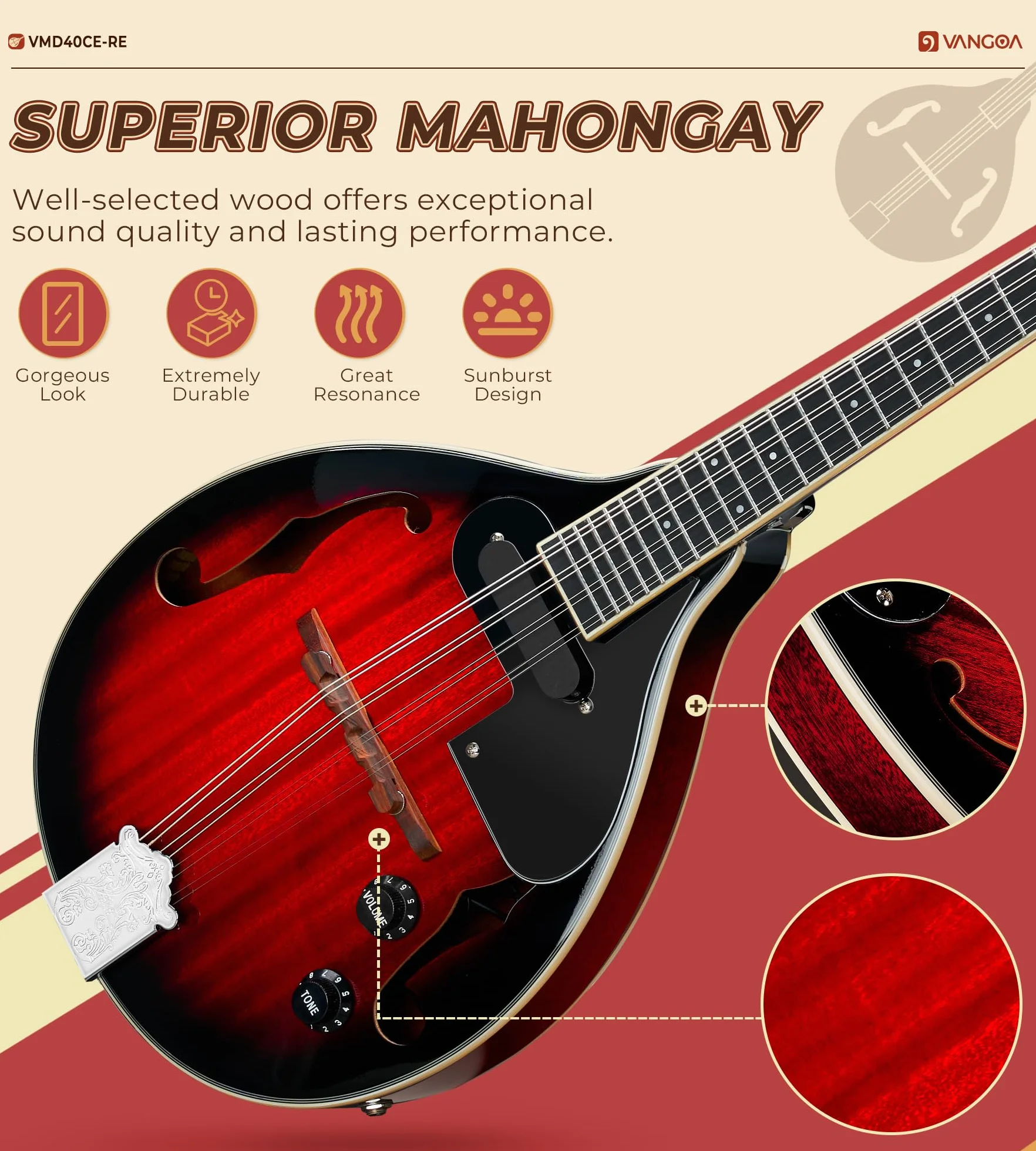 Vangoa AStyle Mandolina Instrument muzyczny mahoń Mandolina elektryczna 8 strun dla początkujących Red Sunburst