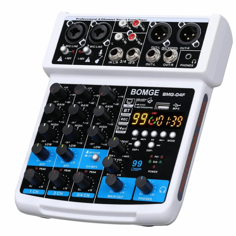 BOMGE 4-kanałowy mikser dźwięku DJ z Bluetooth MP3/USB 48V 24 DSP efekty Echo biały