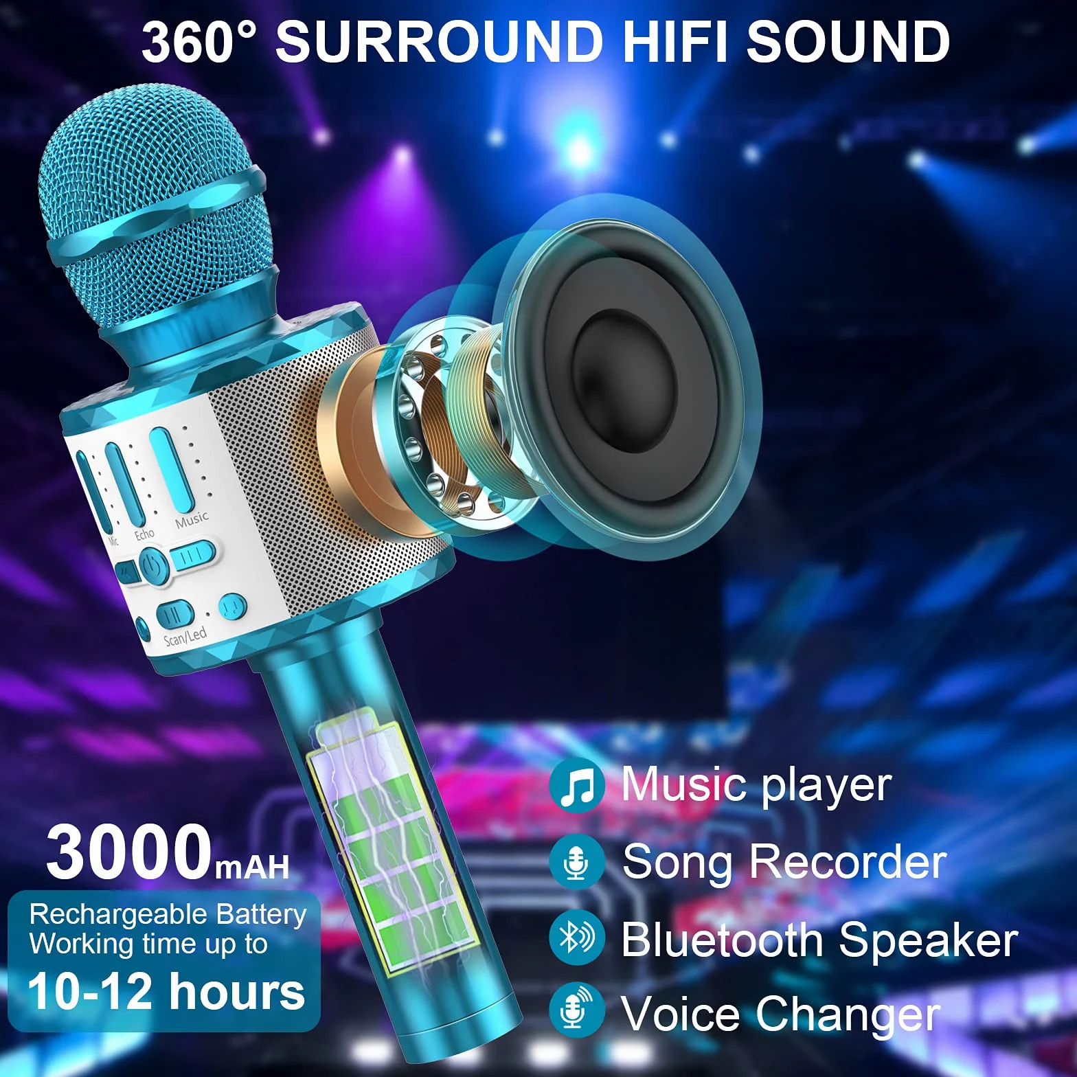 Mikrofon do karaoke dla dzieci, bezprzewodowy mikrofon Bluetooth z LED, prezent dla dziewczynek w wieku 3-12 lat, przenośna maszyna do karaoke do śpiewania, zabawka mikrofonowa dla dzieci, na