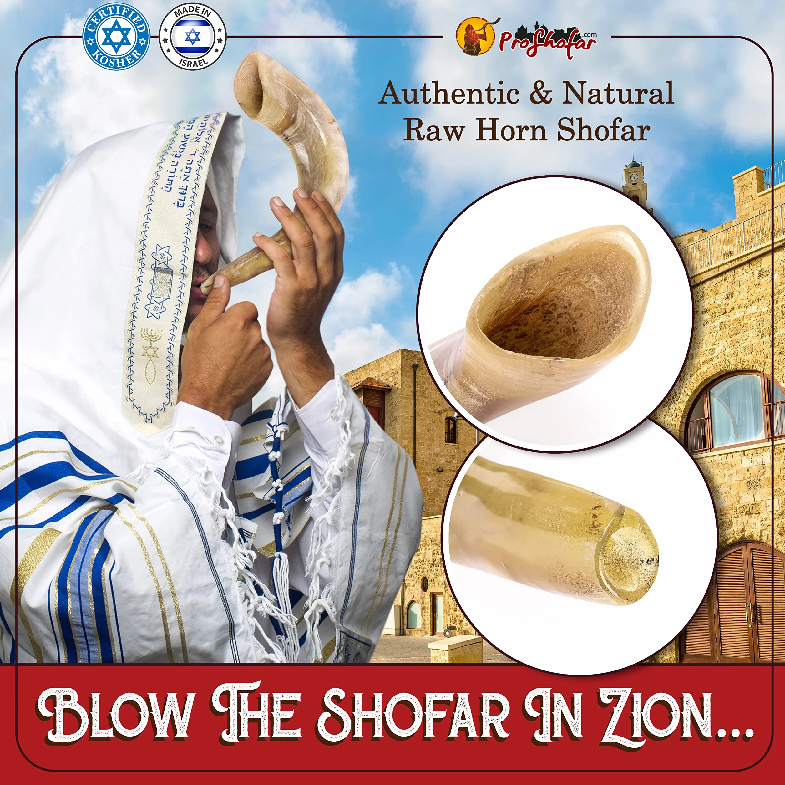 Zestaw Shofar (aksamitna torba transportowa, spray neutralizujący zapachy, szczotka do czyszczenia, przewodnik i czerwona bransoletka z Ziemi Świętej) polerowany szofar baranowy, koszerny