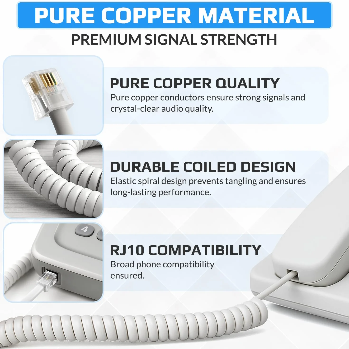 Kabel telefoniczny RJ10 z kręconą sprężyną, spiralny przewód słuchawkowy, 3 metry, kompatybilny z telefonami stacjonarnymi/IP BT, AT&T, Cisco, NEC, ROLM, ITT, TI (biały)