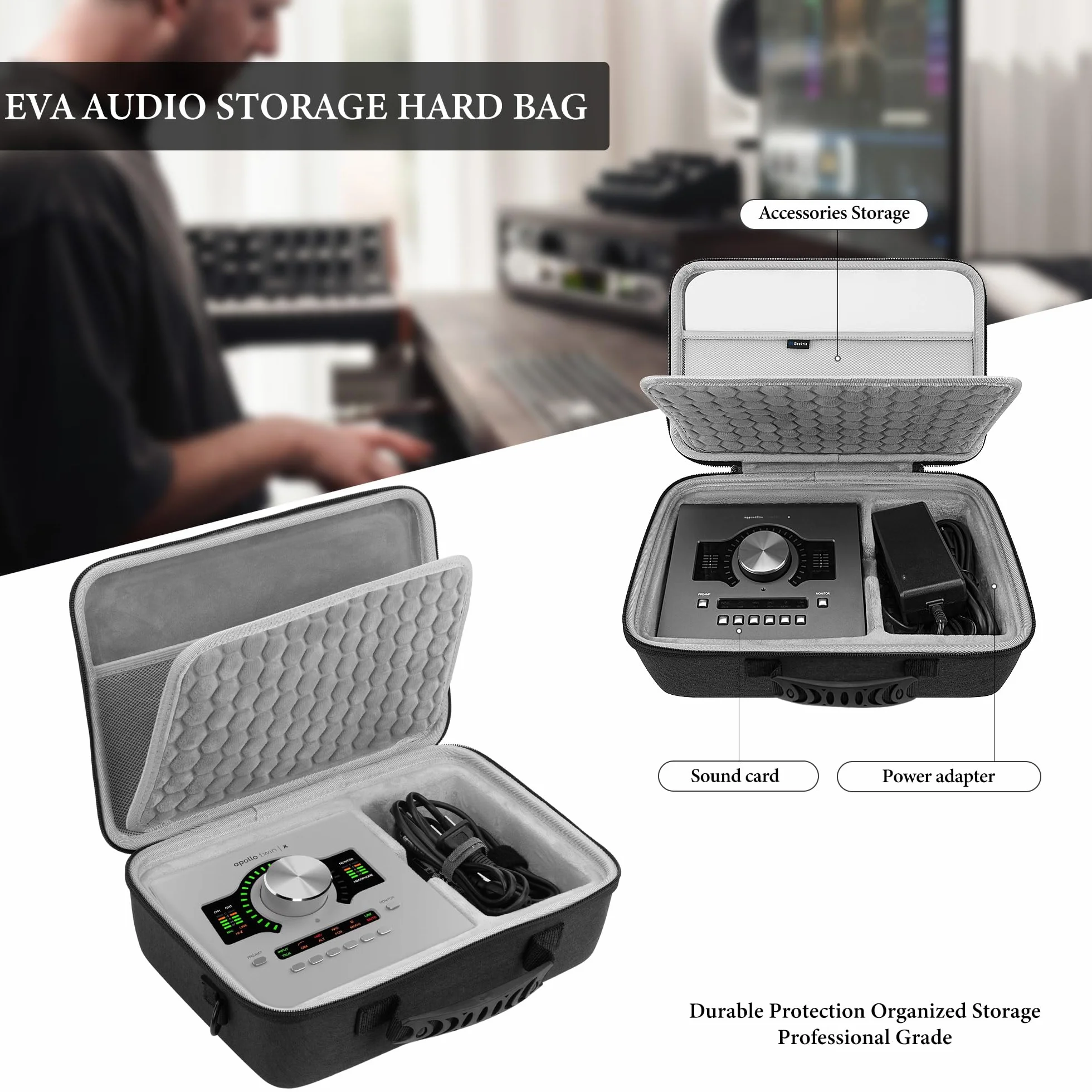 Geekria Etui z interfejsem audio, kompatybilne z Universal Audio Apollo Twin X DUO/Twin X QUAD/Twin X DUO Gen 2 / Twin X QUAD Gen 2, twarda obudowa EVA (ciemnoszara)