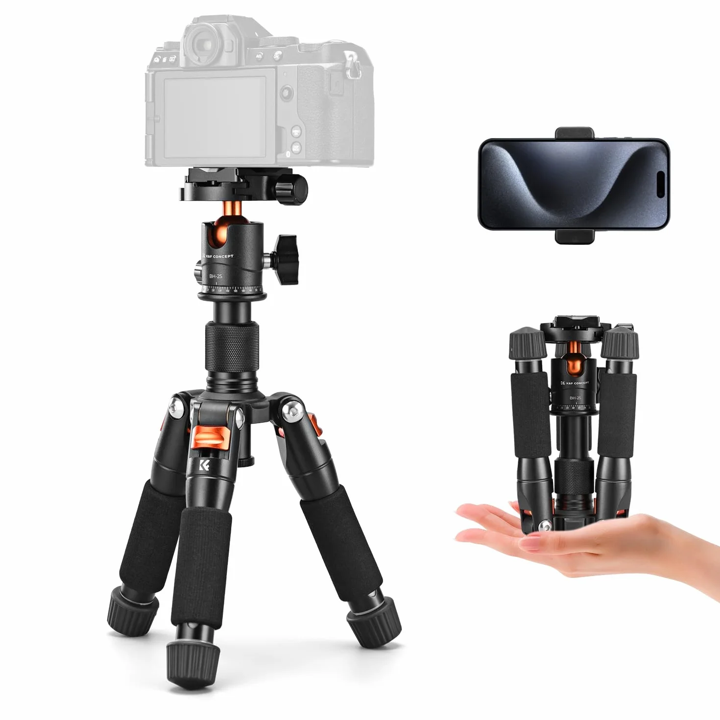 K&F Concept Mini statyw biurkowy, kompaktowy statyw biurkowy 52 cm z głowicą kulową 360°, płytka szybkiego zwalniania 1/4'' do kamery wideo, obciążenie do 6 kg