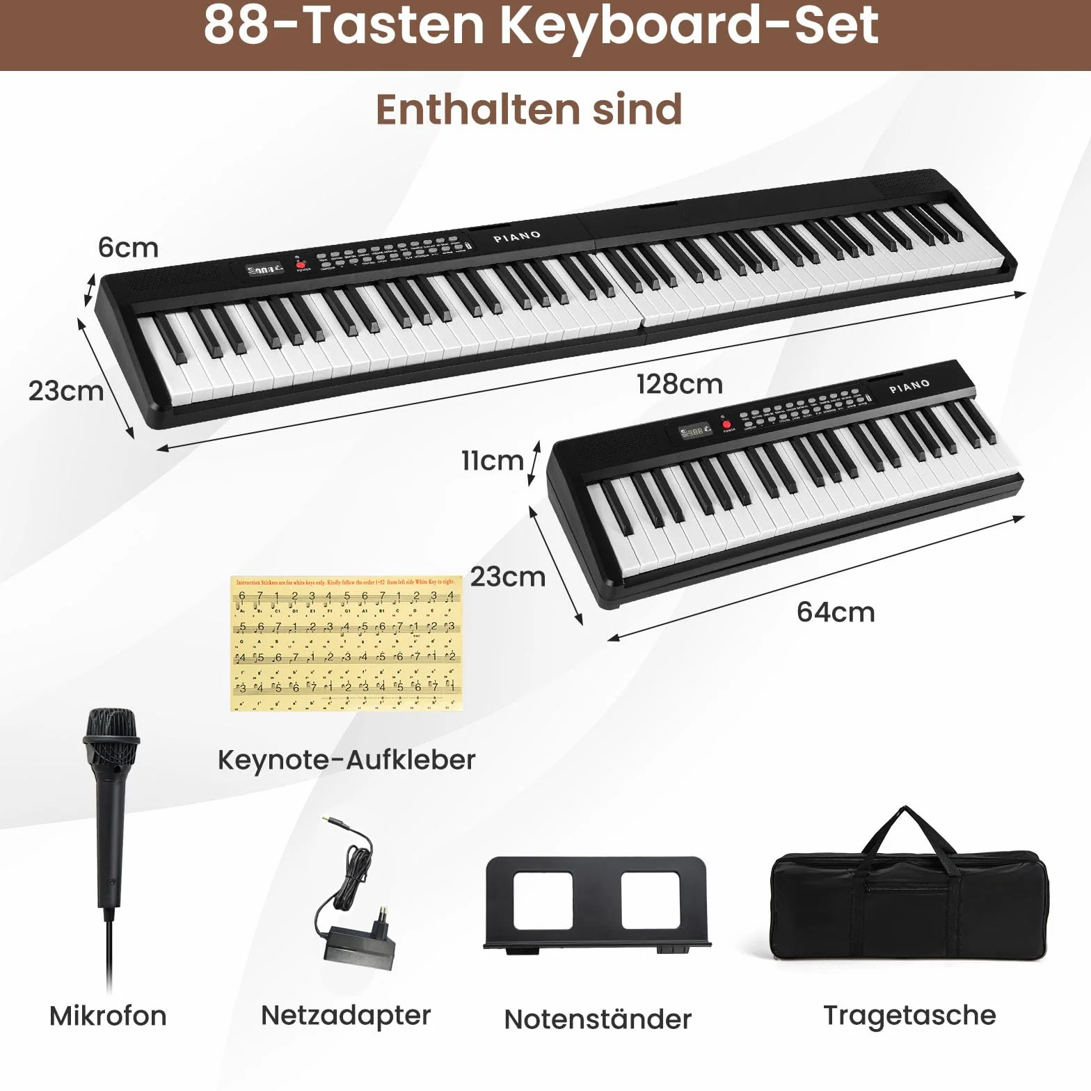 COSTWAY Pianino klawiaturowe 88 klawiszy, składane cyfrowe pianino z Bluetooth MIDI, 1000 rytmami, 1000 dźwiękami, 150 demo, dla dzieci z mikrofonem i torbą, E-Piano dla początkujących Czarny