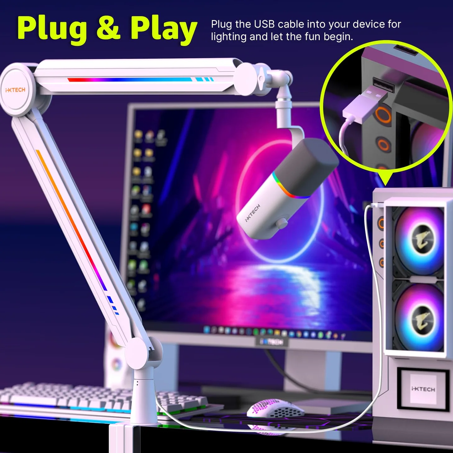 IXTECH Ramię mikrofonowe RGB, wysoki profil, górny wysięgnik, stojak na mikrofon, uchwyt na biurko, regulowany stojak mikrofonowy z uchwytem na biurko, ramię mikrofonowe do transmisji na żywo,
