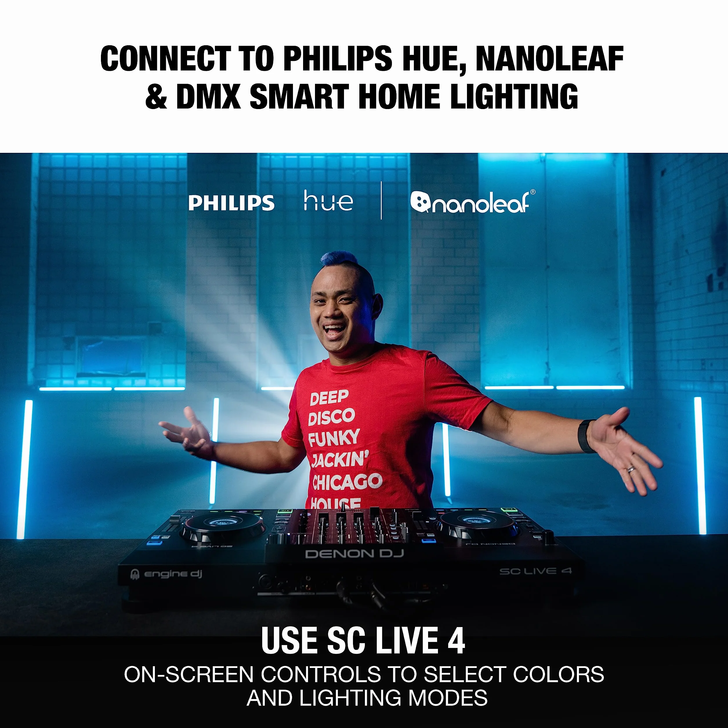 Denon DJ SC LIVE 4 Kontroler DJ z Separacją Stemów na 4 Deckach, Streamingiem Wi-Fi, Wbudowanymi Głośnikami, Kompatybilny z Serato DJ i Virtual DJ