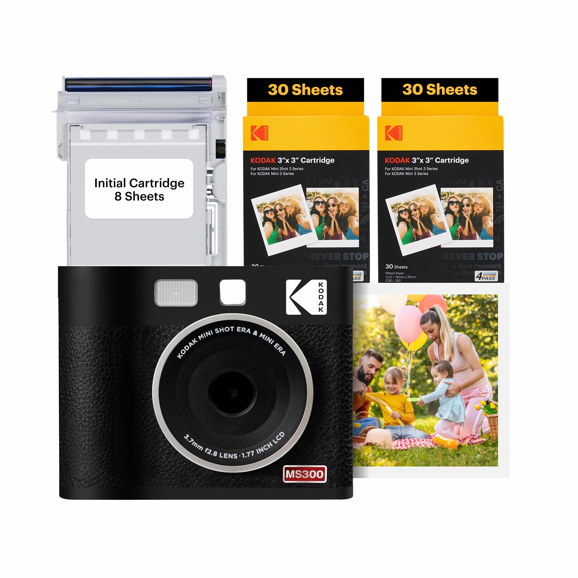 KODAK Mini Shot 3 ERA 4PASS aparat błyskawiczny 2 w 1 i drukarka fotograficzna (7,6 x 7,6 cm), inicjał 8 arkuszy + pakiet 60 arkuszy, czarny
