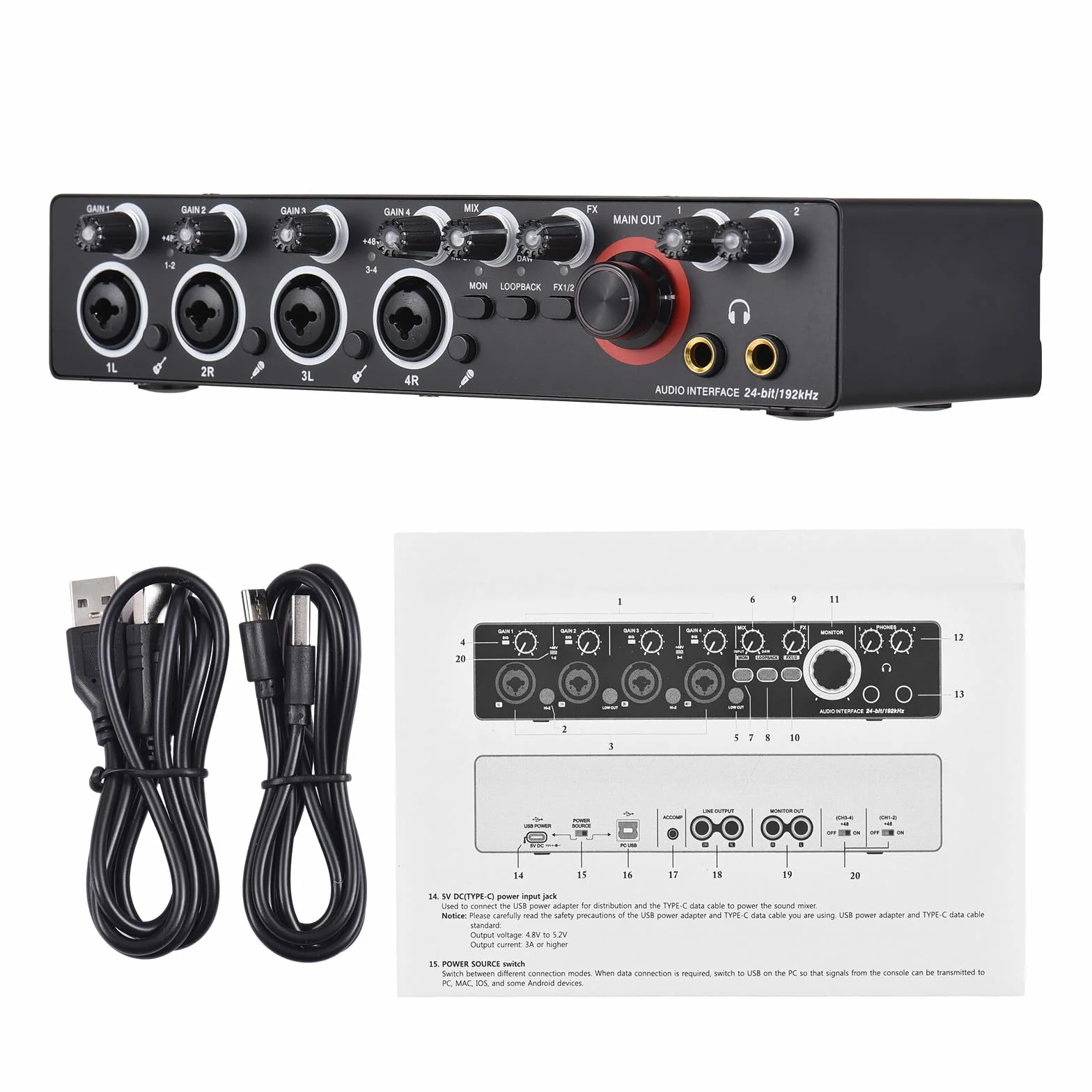 4-kanałowy interfejs audio komputera z kartą dźwiękową, 4-calowy 4-wyjściowy do profesjonalnego nagrywania transmisji na żywo karaoke, interfejs audio USB bez sterowników