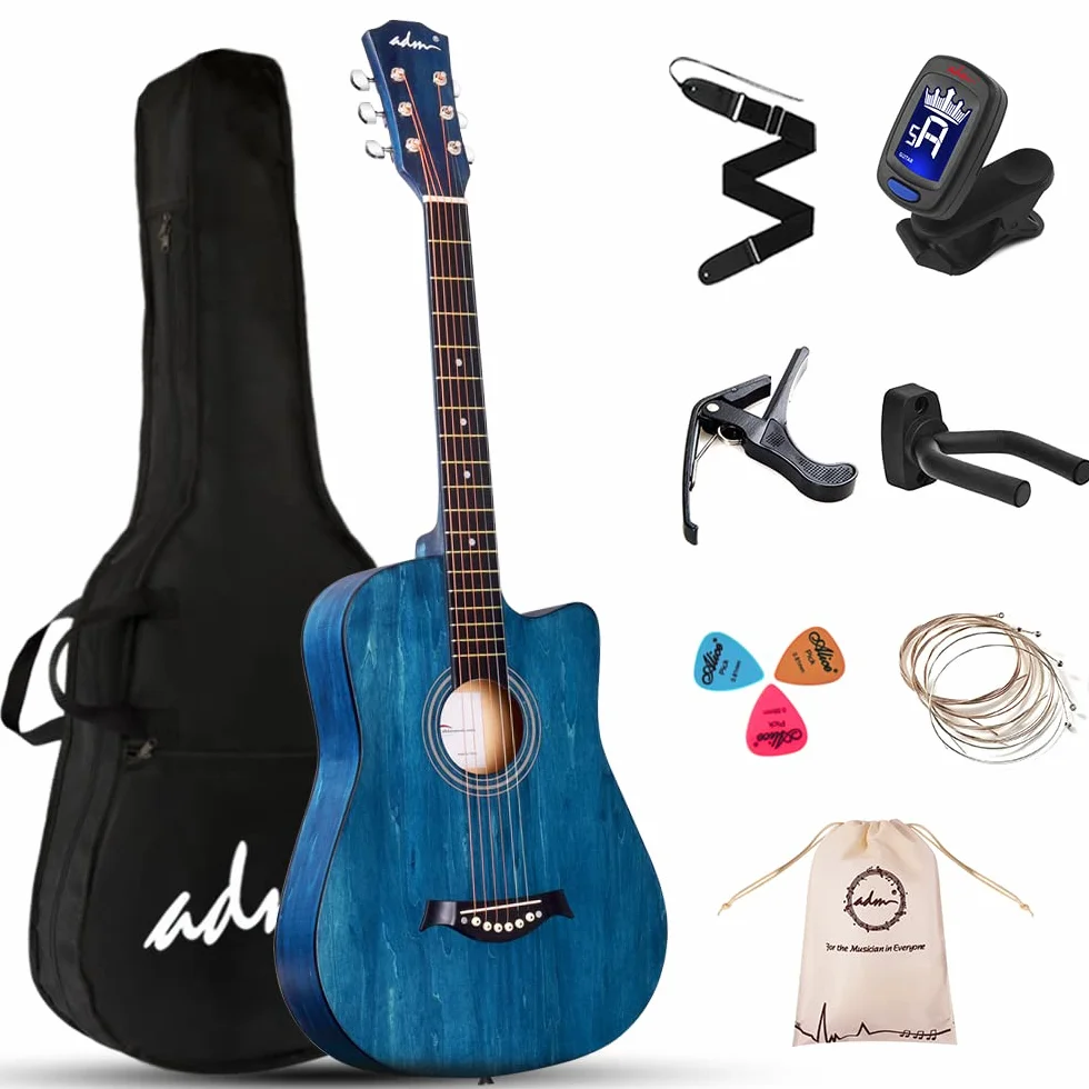 ADM Gitara akustyczna dla dorosłych, początkujących, gitara ludowa dla dzieci w wieku 8+, zestaw do gitary akustycznej ze stalowymi strunami, niebieska gitara podróżna, 96 cm, prezenty gitarowe dla chłopców i dziewcząt