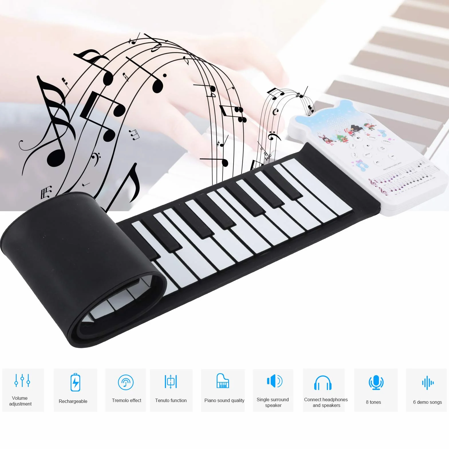 49 Key Hand-Rolled Piano Tragbare wiederaufladbare flexible elektronische Roll-Up-Tastatur mit Klavieraufklebern