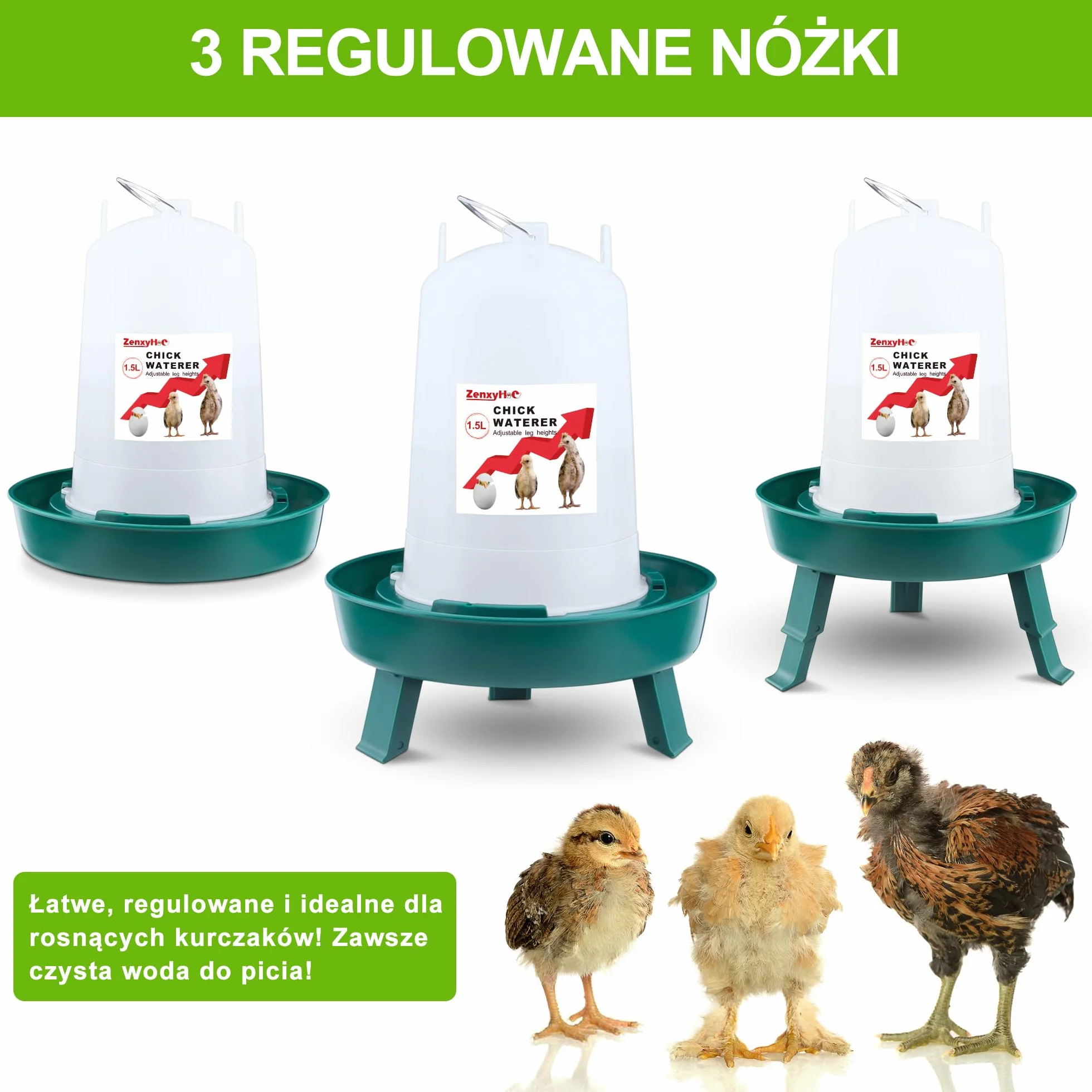 ZenxyHoC Zestaw do poidła dla piskląt, automat do karmy dla kurcząt, 1 kg i poidło 1,5 l z 3 regulowanymi wysokościami (zielony)