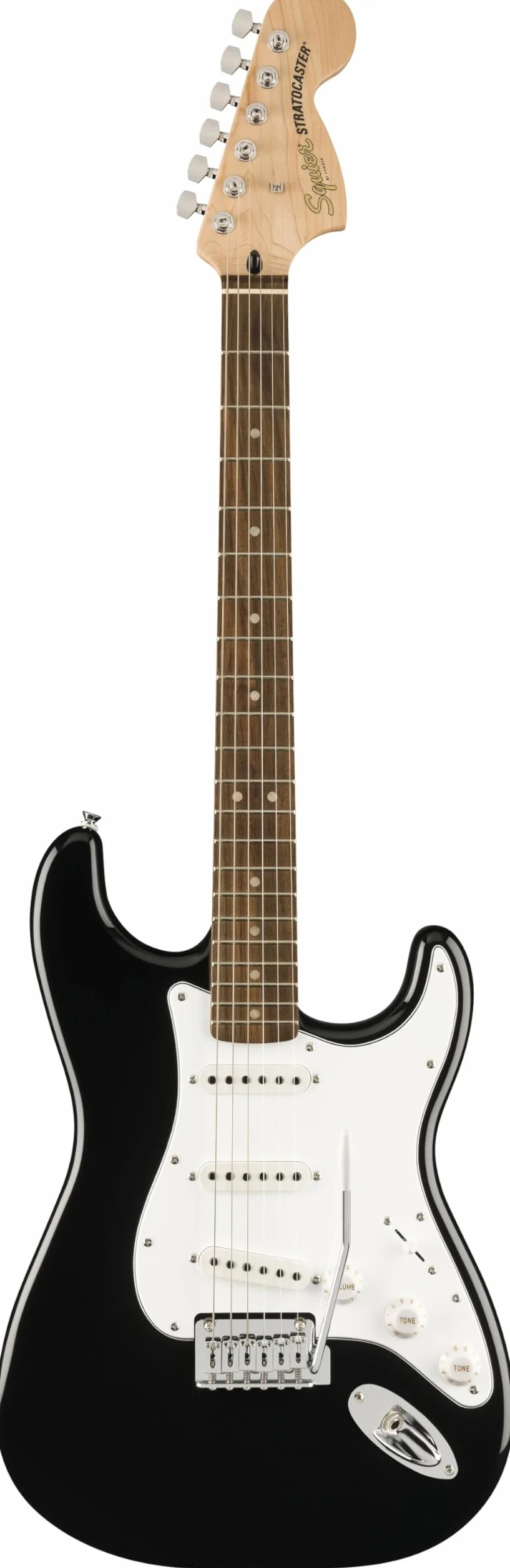Squier by Fender Affinity Series™ Stratocaster® gitara elektryczna i mikropakiet Mustang™ w kolorze czarnym. Zawiera torbę na koncert, pasek, słuchawki, kostki i bezpłatną 3-miesięczną subskrypcję