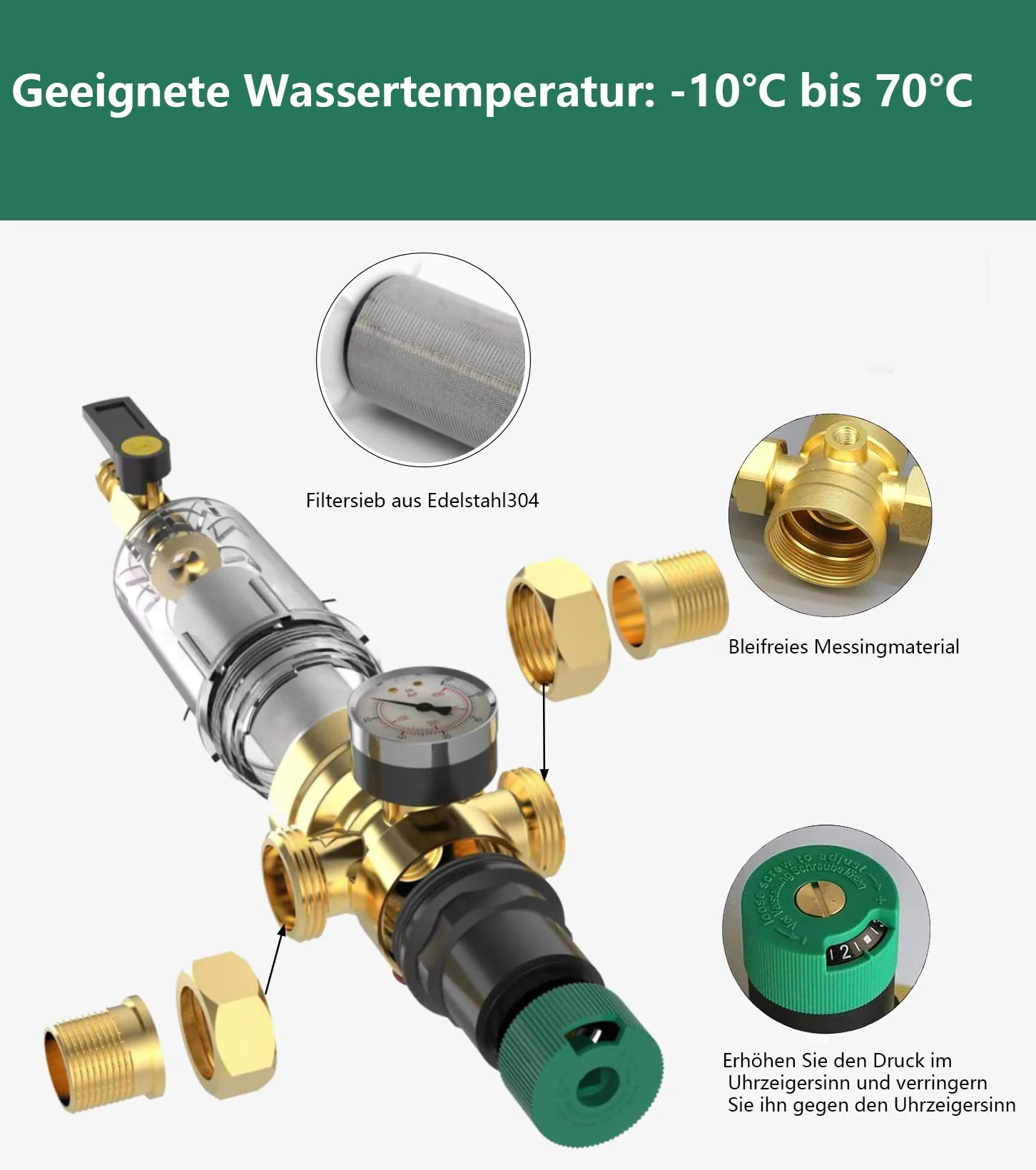6 sztuk filtrów do płukania zwrotnego z reduktorem ciśnienia i manometrem, filtr wody, przyłącze domowe 3/4 cala, DN 20, filtr wstępny, filtr osadowy, regulator ciśnienia wielokrotnego użytku