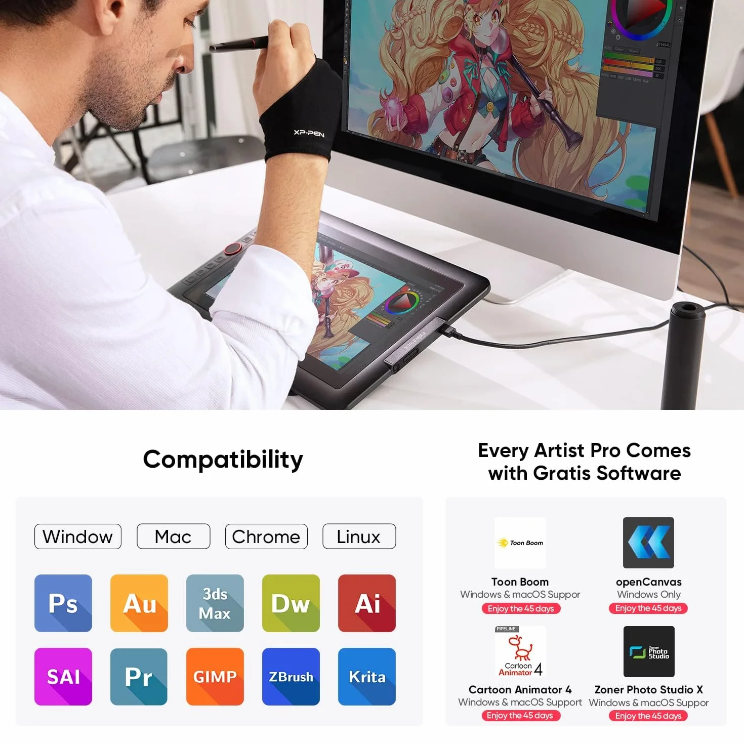 XP-PEN Artist 13.3 Pro Tablet z piórem graficznym 8192 poziomów - Tablet rysunkowy z ekranem 13,3 cala + 8 klawiszy skrótów - kompatybilny z Windows Mac