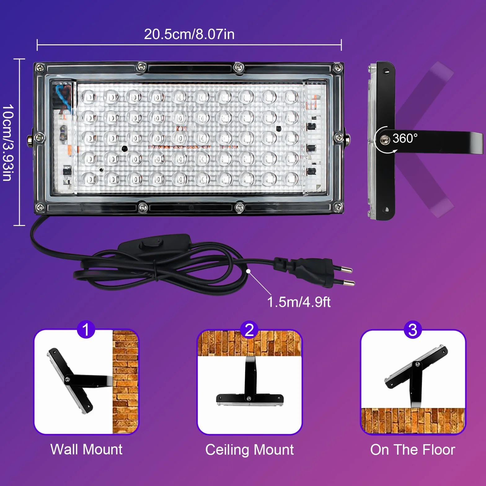 Reflektory czarne światło 50W, lampa UV czarna z wyłącznikiem, 395-400 nm, wodoodporność IP65 reflektor UV imprezowy reflektor na bar akwarium Halloween kolory neonowe efekty fluorescencyjne