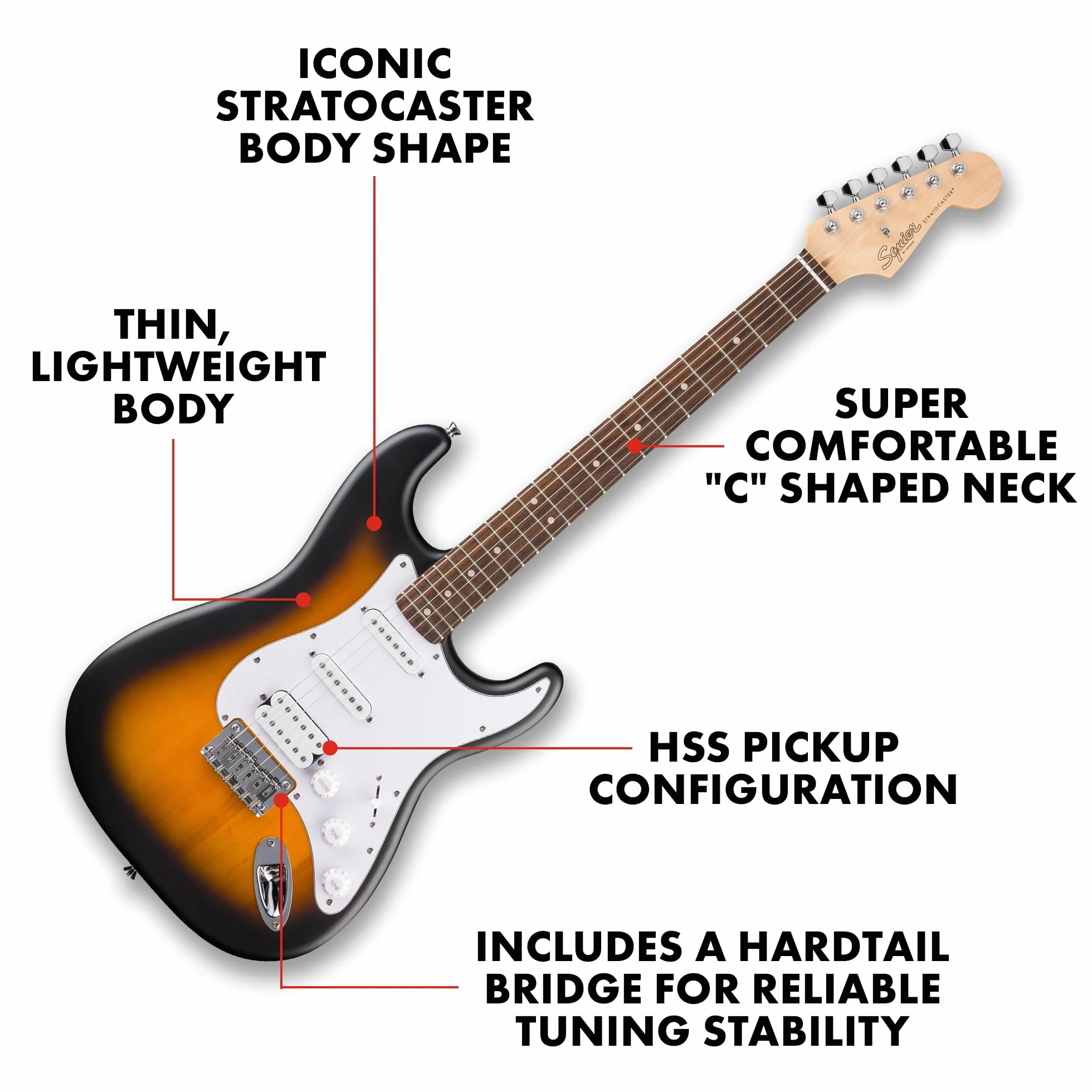 Squier by Fender Debut Collection HT HSS Stratocaster gitara elektryczna, podstrunnica Laurel, biała maskownica, 2 tone sunburst