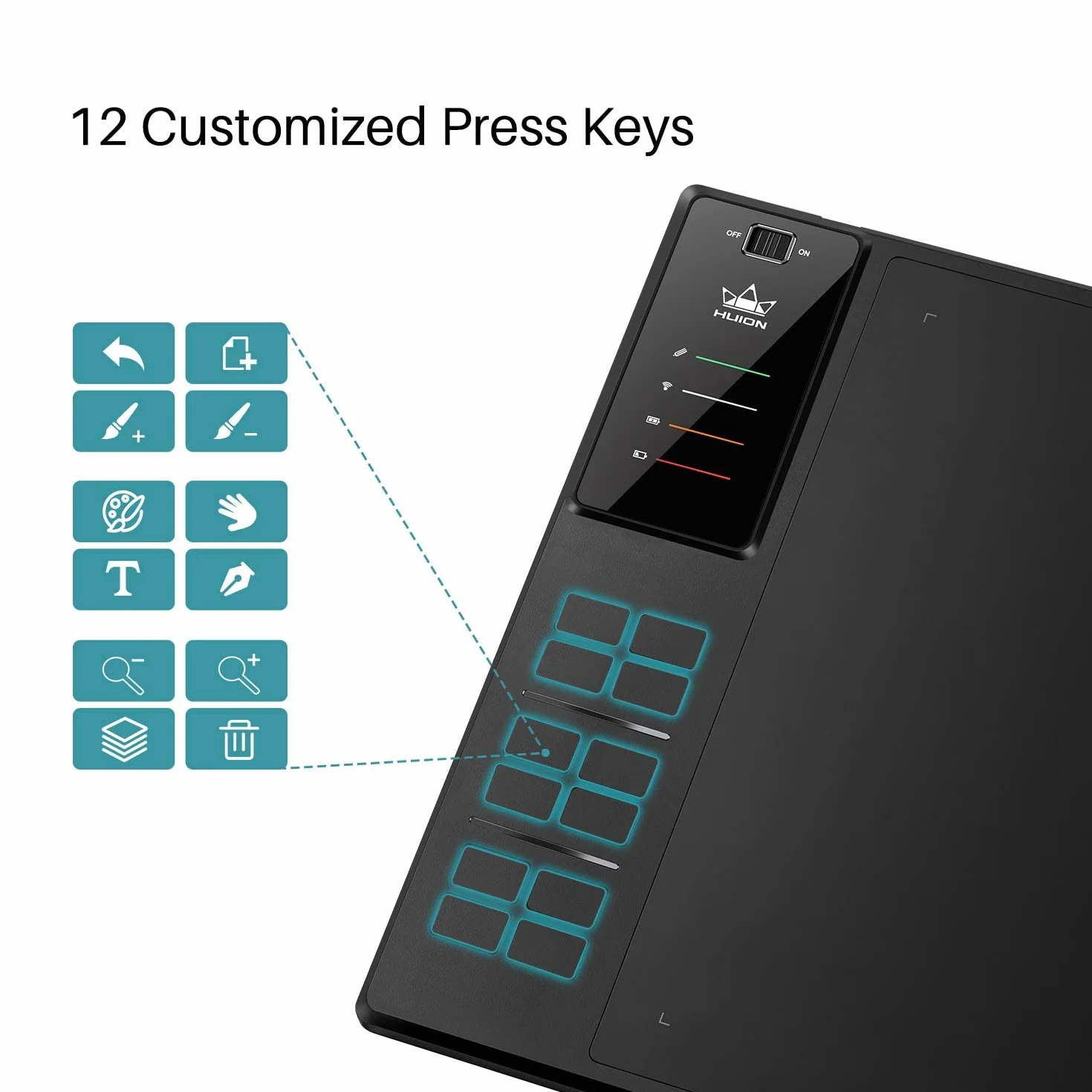 HUION WH1409 V2 tablet graficzny bez baterii w trybie przewodowym i bezprzewodowym z 8192 poziomami czułości nacisku, 12 przycisków ekspresowych połączonych z funkcją Tilt