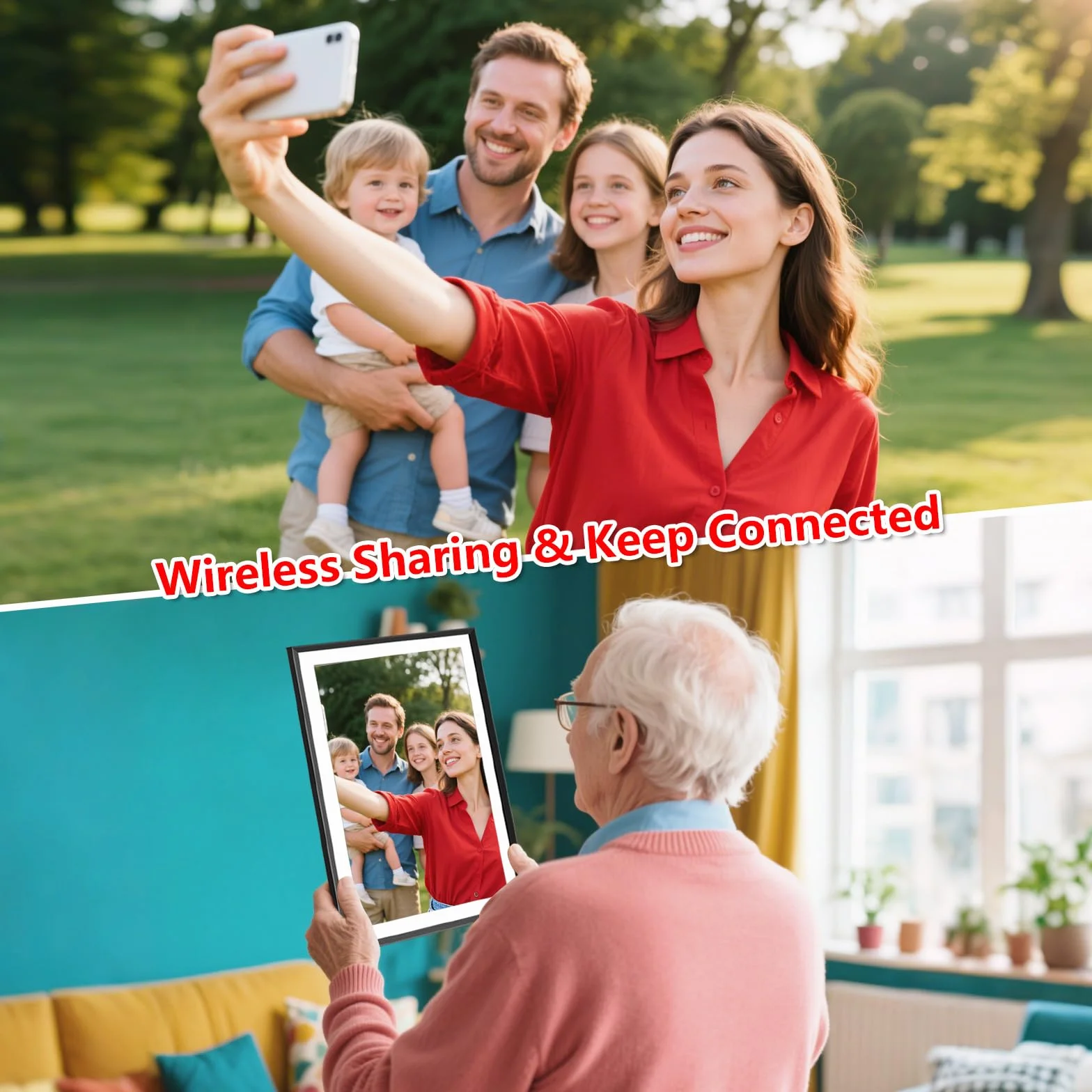 FRAMEO Cyfrowa ramka na zdjęcia 15,6 cala, bardzo duża, WiFi, cyfrowa ramka na zdjęcia z 32GB 1920 x 1080 IPS HD ekranem dotykowym, na biurko i montaż naścienny, udostępnianie zdjęć i filmów za pomocą