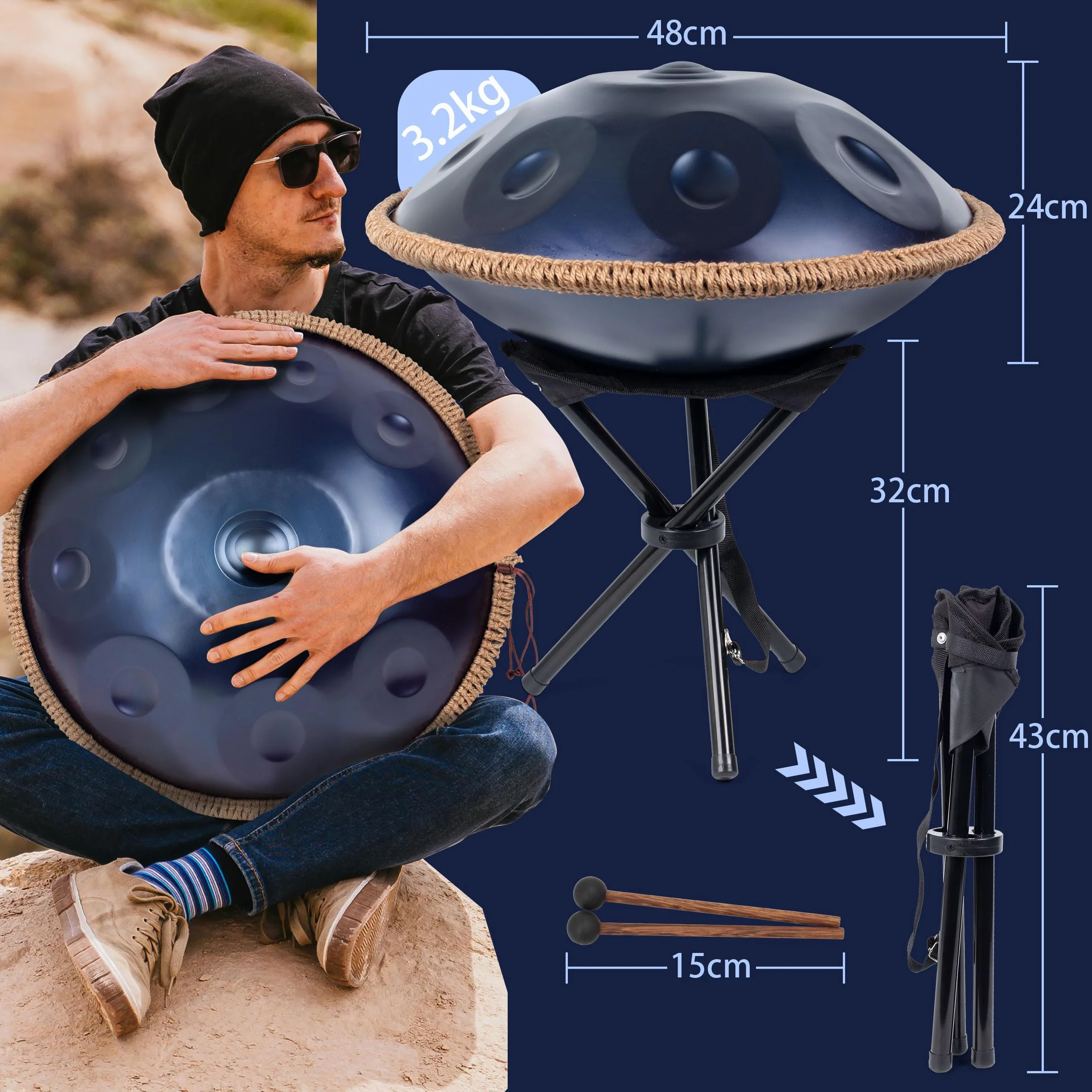 Handpan-Drum 432 Hz dla początkujących, stalowe bębny 10 ton 19 cali, bęben ręczny D-moll, ręczna patelnia z torbą na bęben i uchwytem na rękę, instrumenty muzyczne do uzdrawiania dźwiękiem
