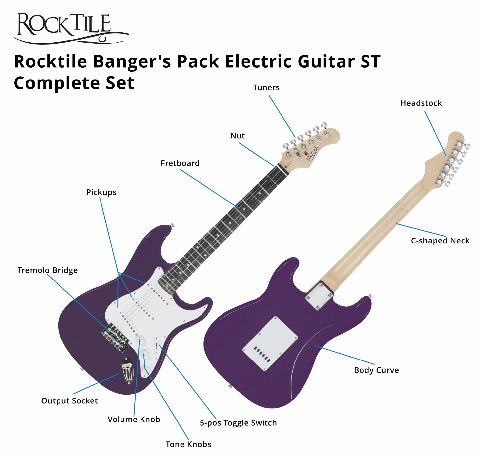 Rocktile Banger's Pack kompletny zestaw gitara elektryczna, fioletowy (wzmacniacz, tremolo, torba, kabel, pasek, kostka, struny zapasowe i szkoła z CD/DVD)
