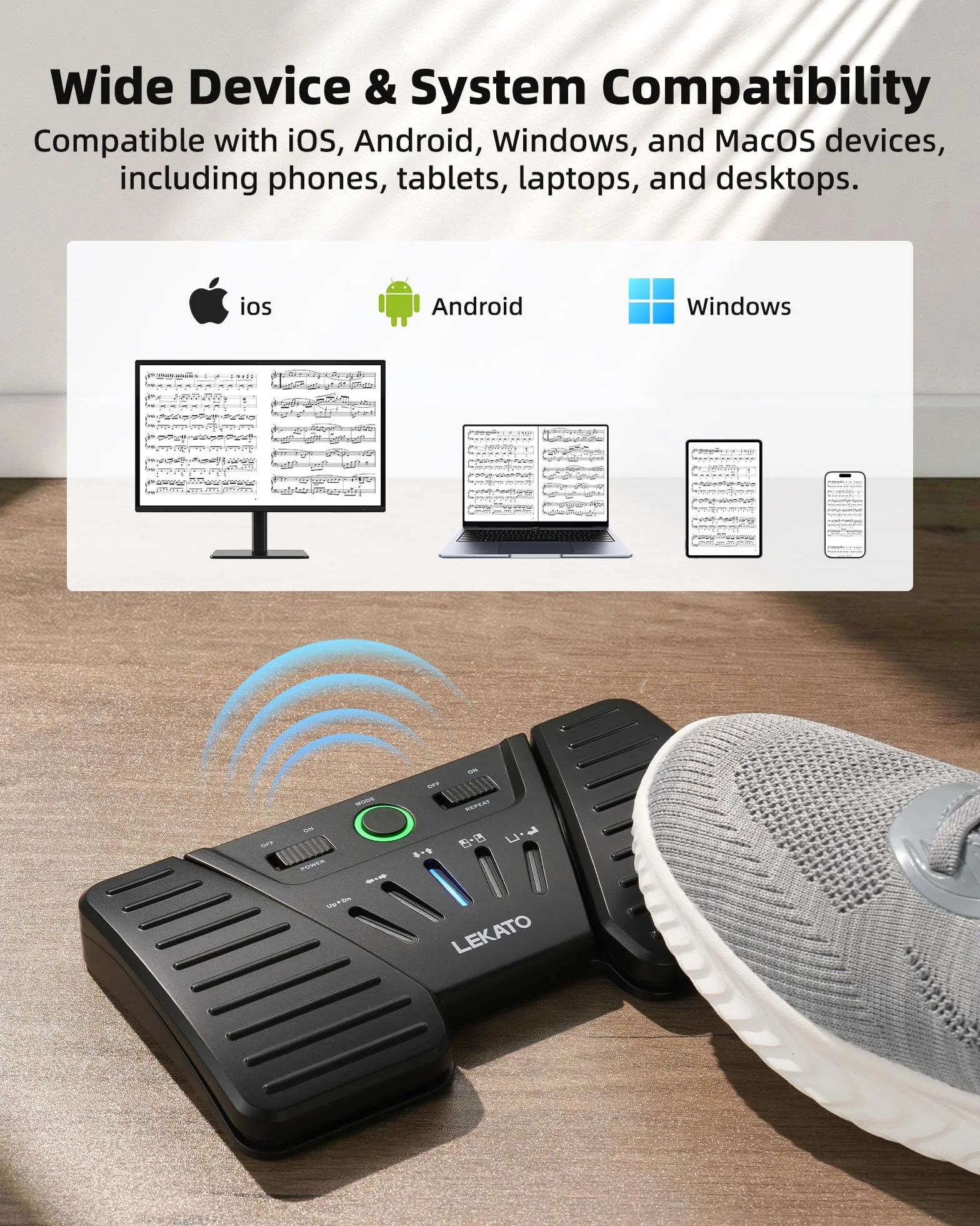 LEKATO obracania stron Bluetooth, bezprzewodowy przełącznik nożny do telefonu, tabletów, przenośny nożny do gry na instrumentach lub podpowiadania