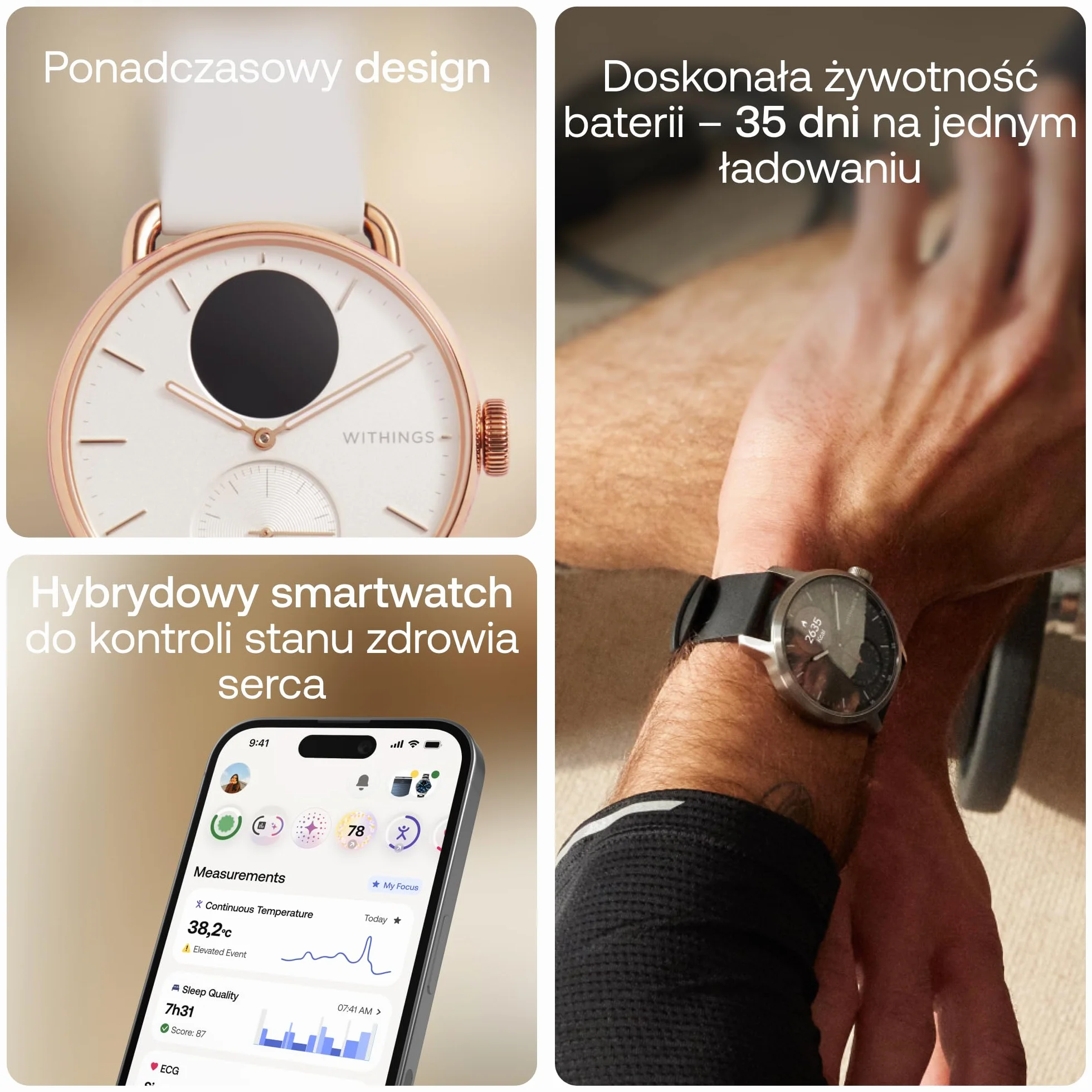 Withings ScanWatch 2 Heart Health Hybrydowy smartwatch dla mężczyzn i kobiet, EKG, SPO2, monitorowanie temperatury, śledzenie snu, zdrowie układu oddechowego, śledzenie cyklu, czas życia
