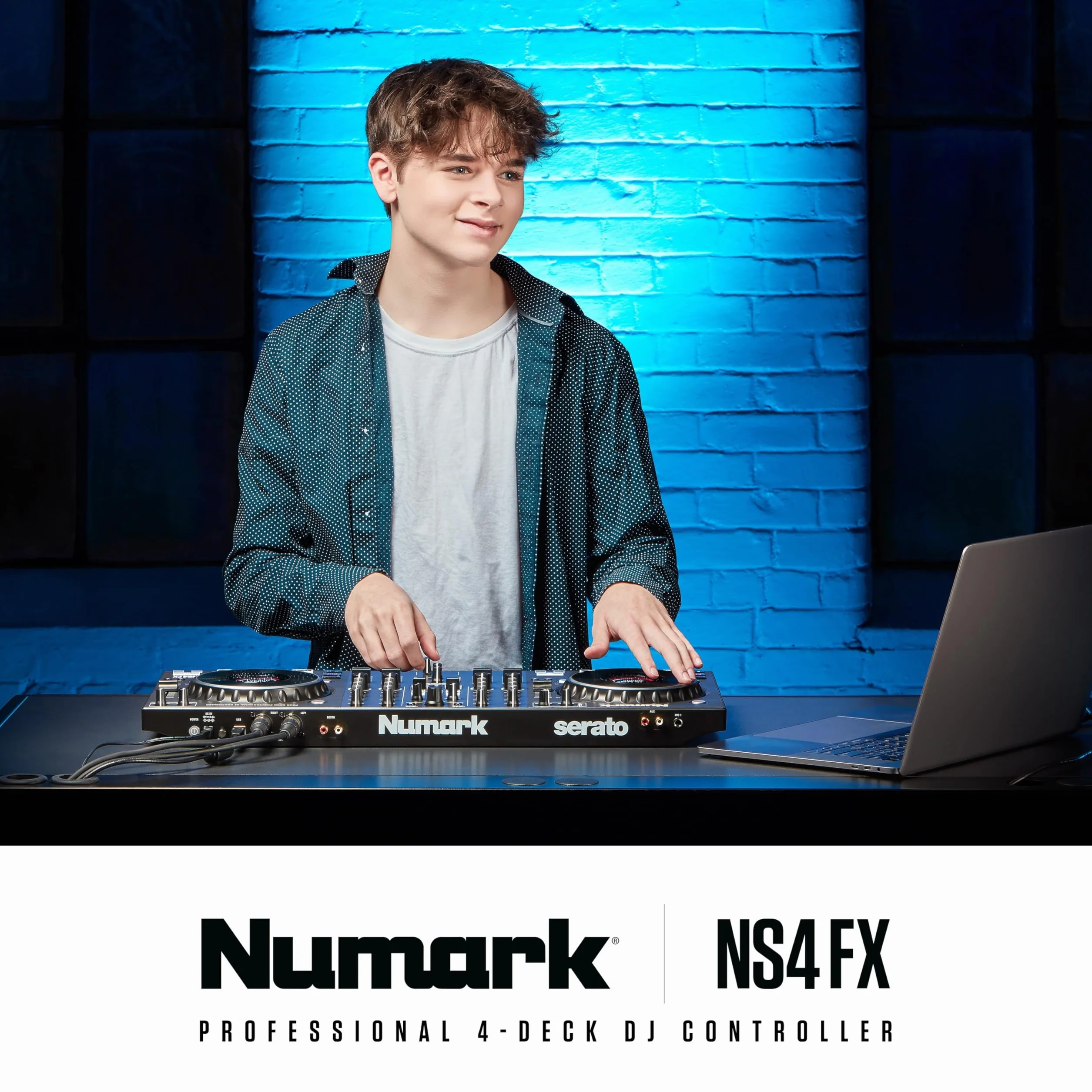 Numark NS4FX 4-Kanałowy DJ Kontroler, Dotykowe Koła Jog z Wyświetlaczem, Pady i Efekty, Wyjście Booth i Główne, w Komplecie Serato DJ Lite