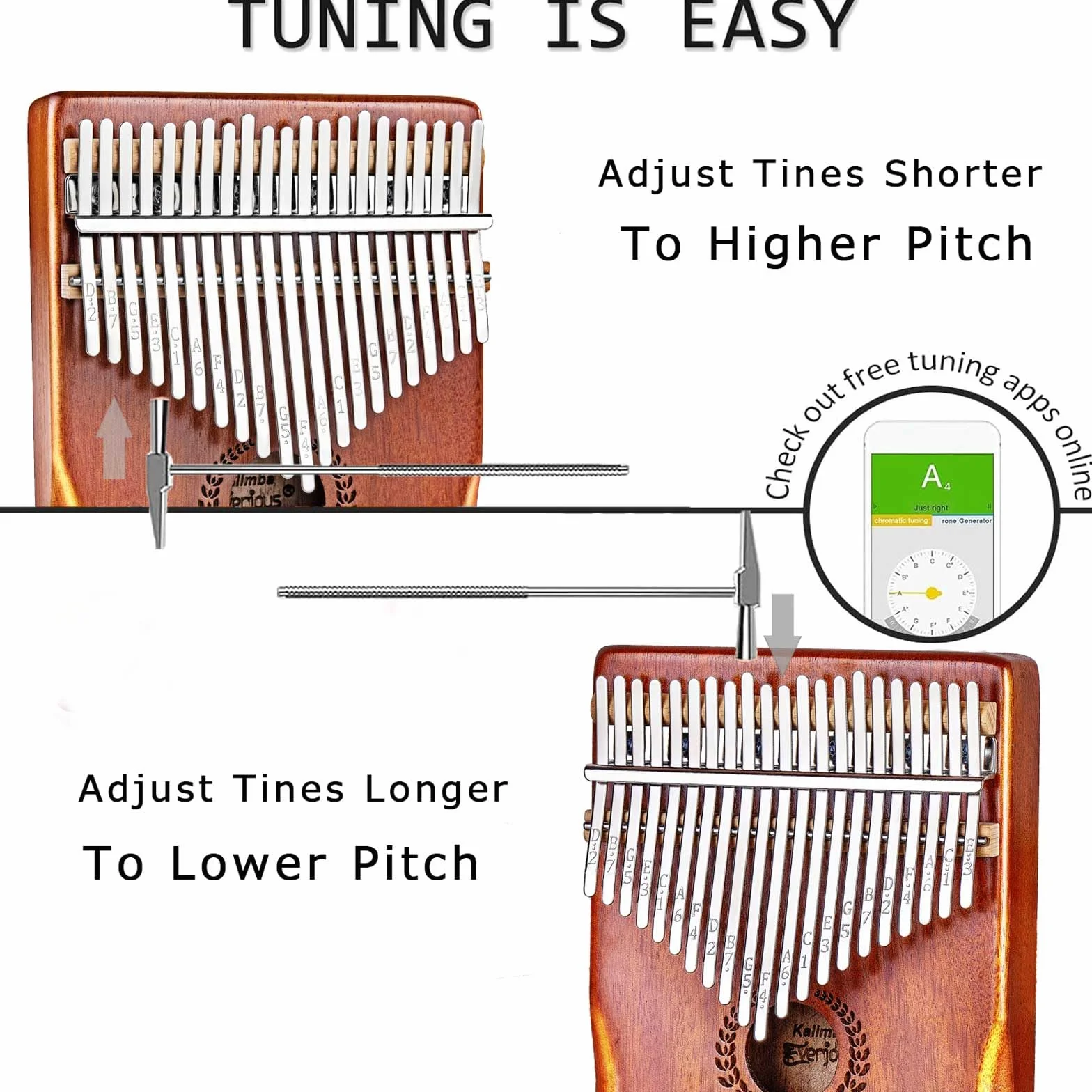 Everjoys Kalimba fortepian na kciuk, 21 klawiszy, profesjonalny instrument muzyczny, pianino na palec, marimby z przenośną miękką torbą z tkaniny, szybki śpiewnik, młotek do strojenia, wszystko w