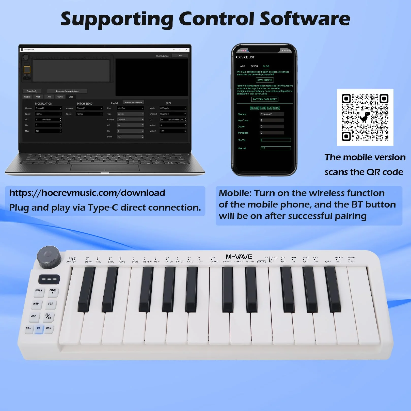 M-VAVE 25-klawiszowa mini klawiatura, klawiatura MIDI, profesjonalny Beat Maker i Keytar do produkcji muzycznej, wbudowana bateria, bezprzewodowe połączenie, Biały, mini bez