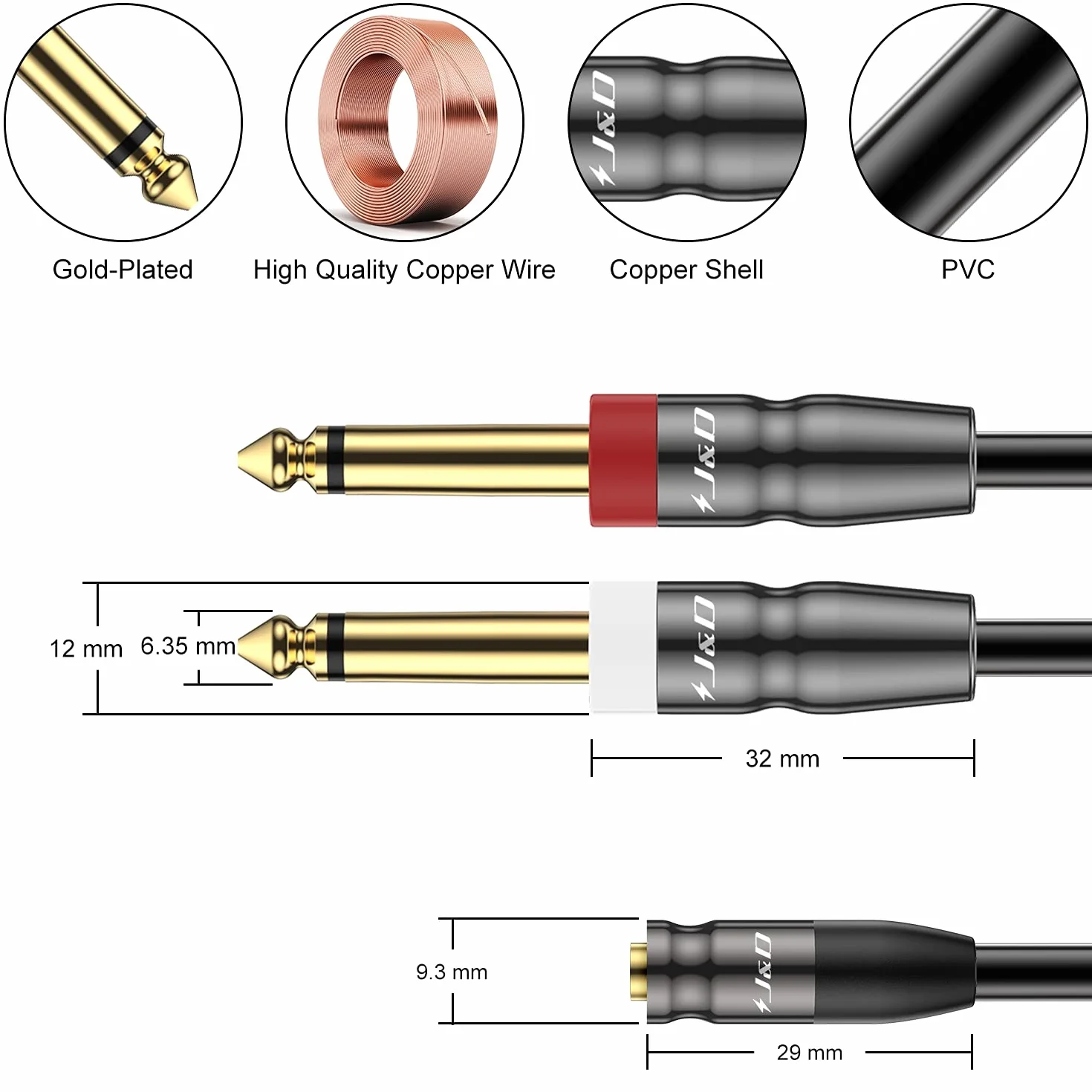 J&D Stereofoniczny kabel audio, Heavy Duty Stereo Audio Kabel 3,5 mm do podwójnego 6.35mm Mono Audio Kabel 3,5 mm 1/8 Żeński do 1/4 Męski do miksera gitarowego fortepianu Wzmacniacz głośnik, 0,9 metr