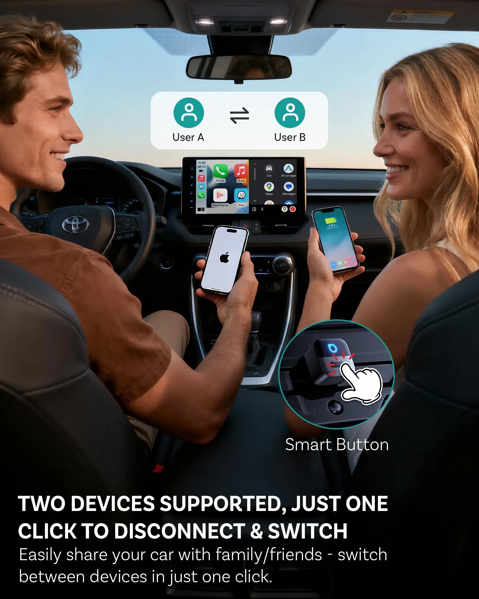 OTTOCAST Mini Pico 2026 CarPlay & Android Auto bezprzewodowy adapter, Smart Button, 5-8s Auto Connect, Plug & Play, USB-A/USB-C, aktualizacja OTA, przewodowy na bezprzewodowy (iOS 10+/Android 11+)