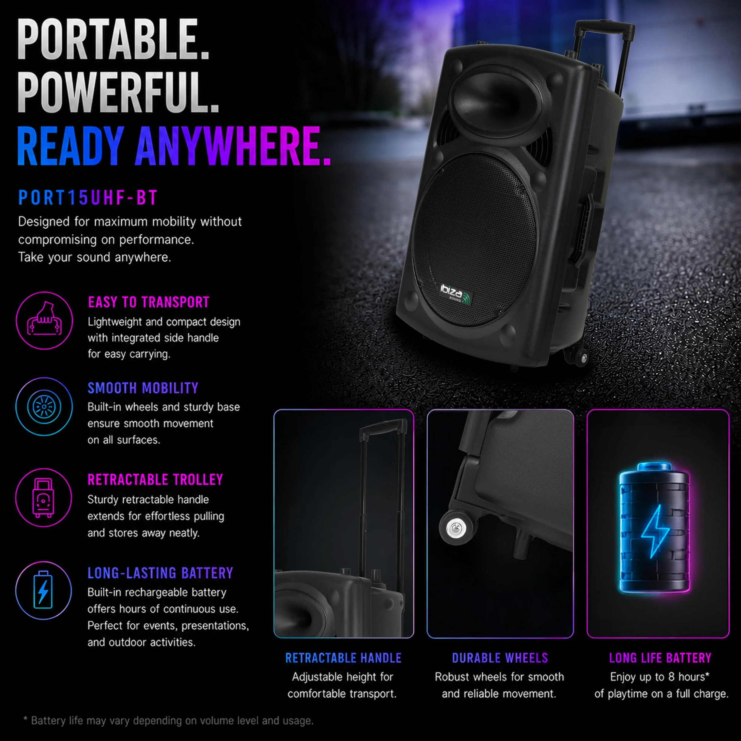 Ibiza PORT15UHF-BT 15"/38 cm Przenośny Głośnik PA z Zasilaniem Bateryjnym i Bluetooth – Maks. 800 W / 400 W RMS – Karaoke z 2 Mikrofonami UHF w Zestawie – TWS – USB, SD, REC, VOX – Trolley