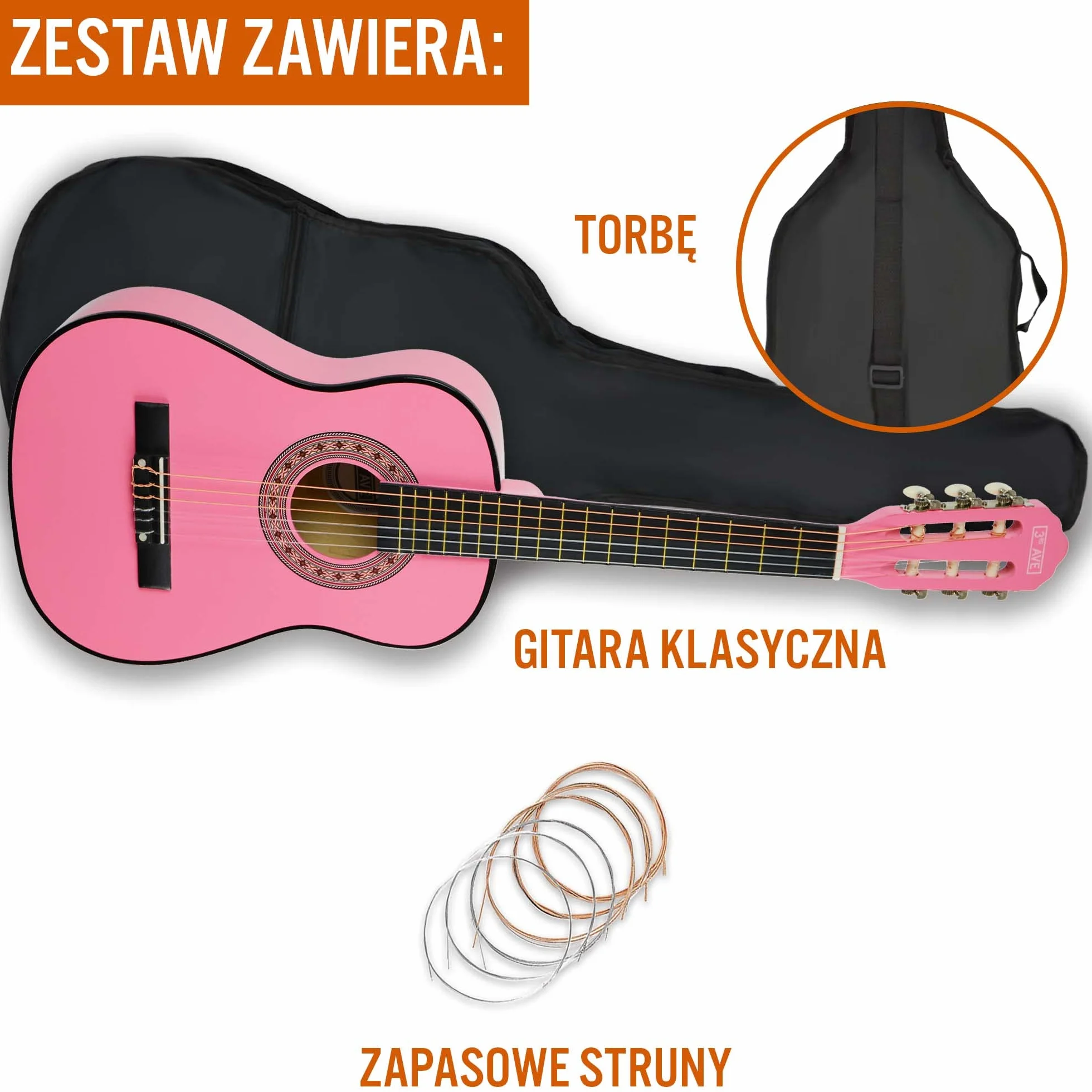 Gitara klasyczna Hiszpańska 1/2 dla początkujących struny nylonowe różowa futerał
