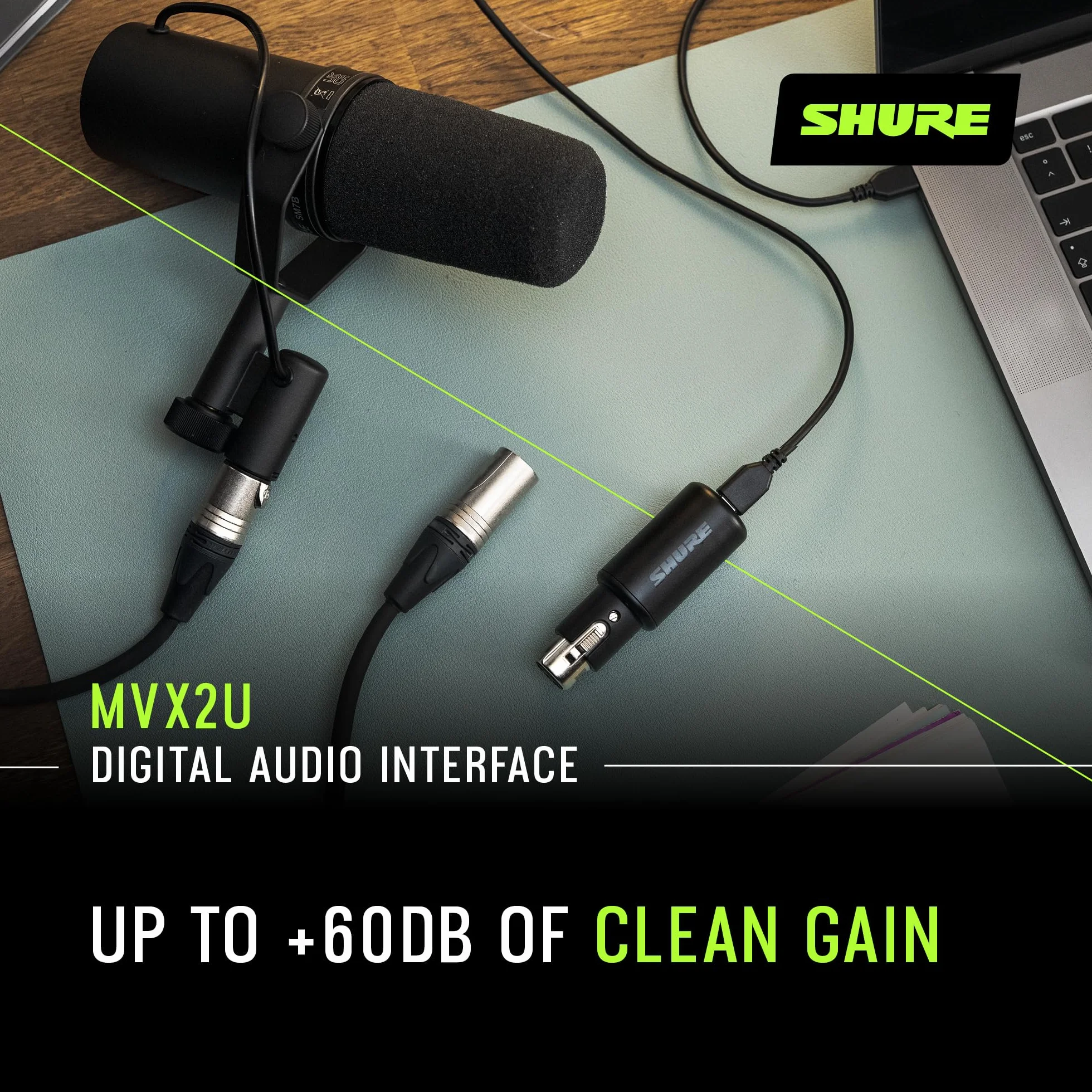 Shure MVX2U Interfejs cyfrowy XLR-do-USB z gniazdem słuchawkowym, zintegrowanym przedwzmacniaczem z kontrolą wzmocnienia 60dB, monitorowaniem bez opóźnień, zasilaniem fantomowym 48V