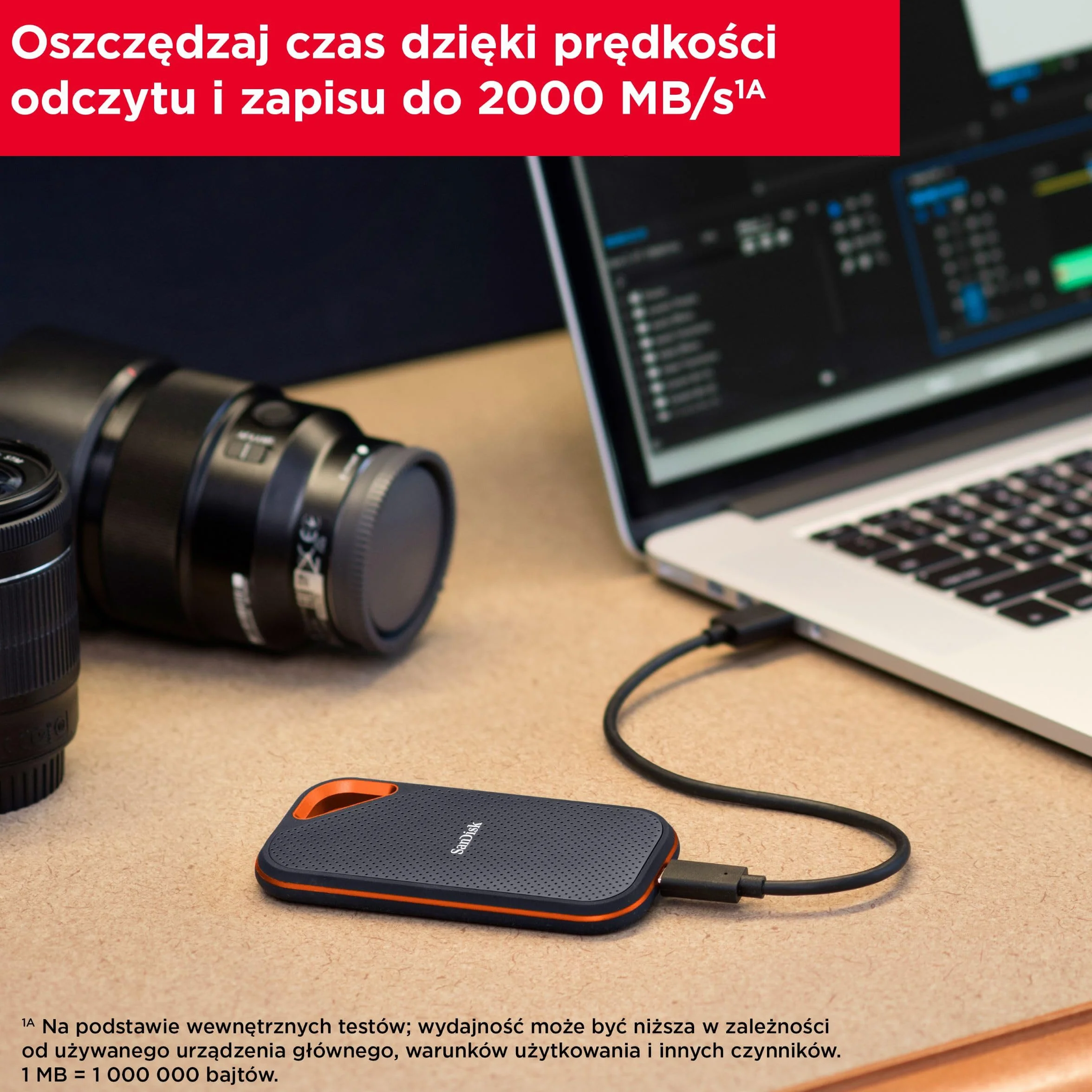 SanDisk Extreme PRO Przenośny dysk SSD 4TB (Dysk zewnętrzny SSD NVMe, do 2000 MB/s, USB-C, Stopień ochrony IP65 zapewniający wodo- i pyłoodporność, 256-bitowemu szyfrowaniu sprzętowemu AES)