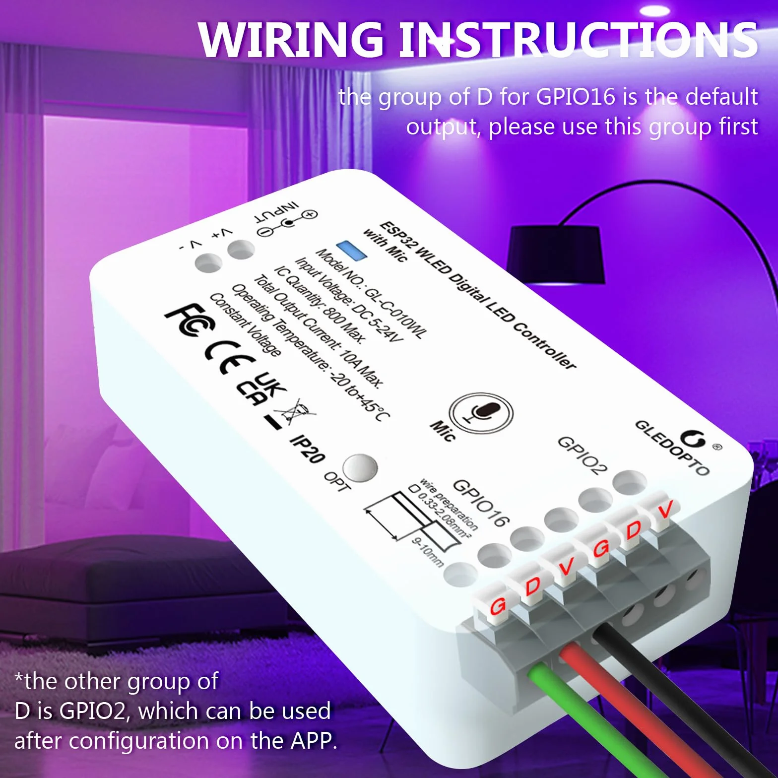 Kontroler Wled ESP32, GL-C-010WL-D WLED, cyfrowy kontroler światła z funkcją MIC, Esp32 Addressable Strip z mikrofonem WS2811 2812B 2813 2815 GS8208 SM16703PSK6812 TM1814 ,5-24 V