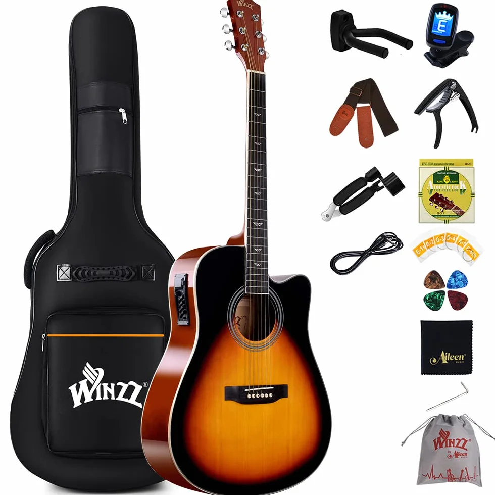 Winzz Elektryczna gitara akustyczna 4/4, zestaw do gitary westernowej, dla początkujących, gitara akustyczna, 41", z 4-pasmowym korektorem (Dreadnought, błyszcząca)