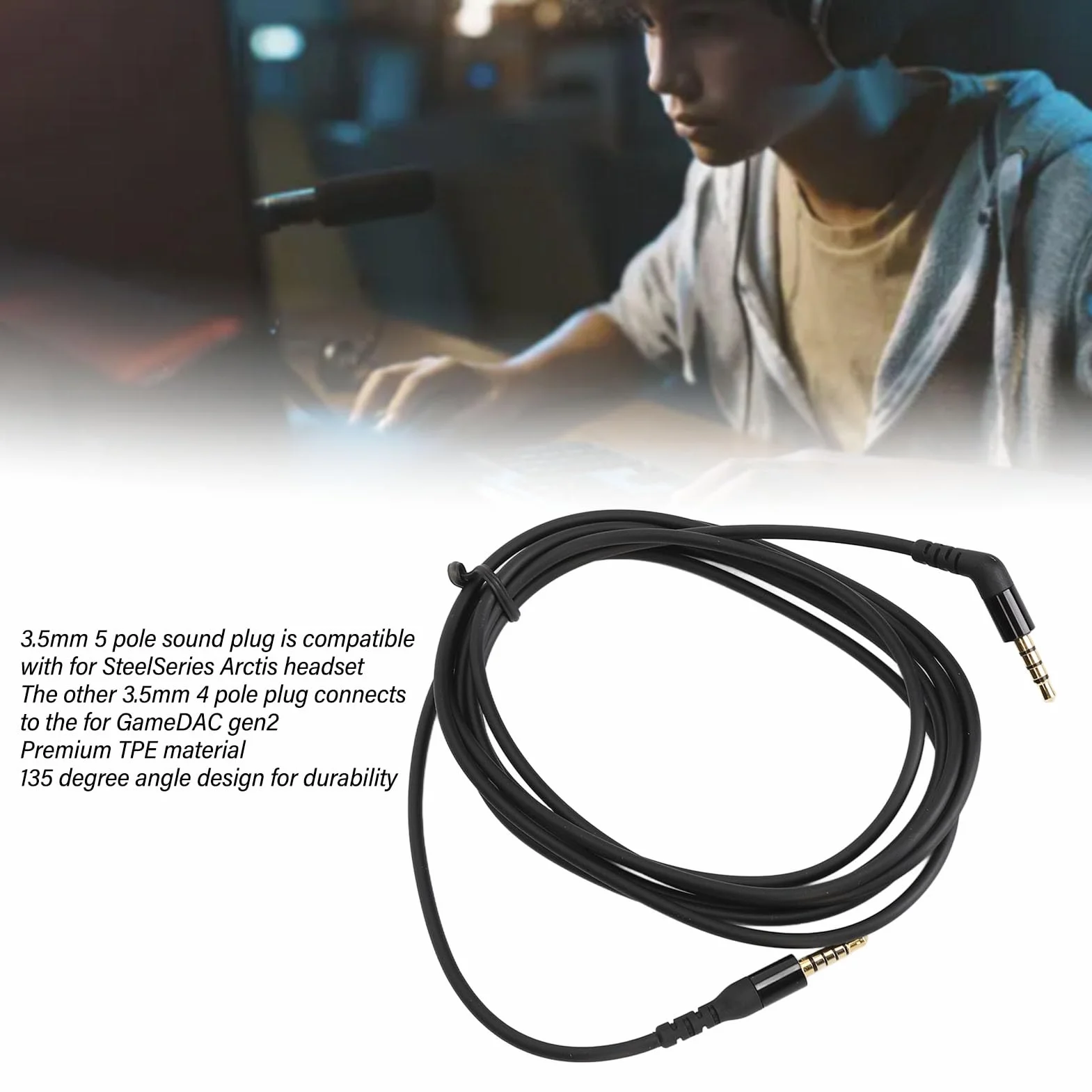 Fockety Zamienny kabel audio, 3,5 mm, 5-biegunowy, zamienny kabel kompatybilny z Nova 7 / Nova Pro, zestaw słuchawkowy do gier, kąt 135 stopni, 2 m (czarny)