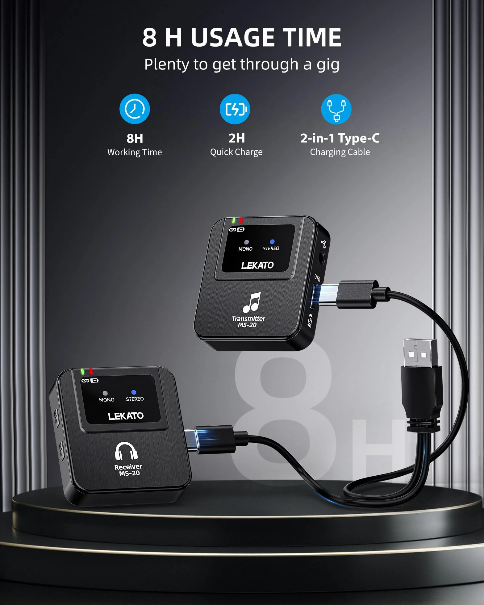 LEKATO bezprzewodowy system monitoringu dousznego, profesjonalny bezprzewodowy system stereo IEM 2.4G z nadajnikiem i odbiornikiem, OTG, nadaje się do prób zespołów, występów na żywo (1TX+1RX)