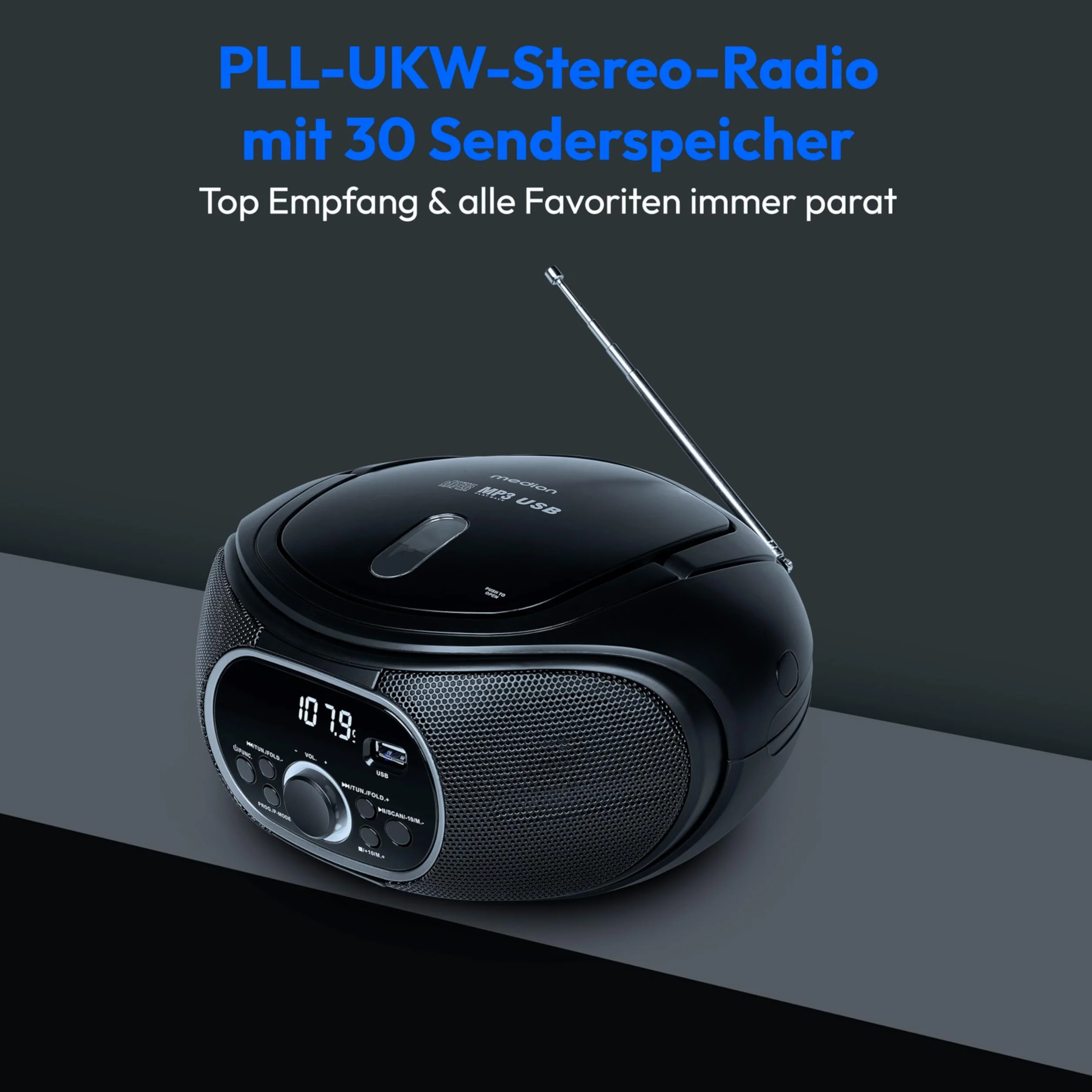 MEDION Przenośny Boombox E65711, odtwarzacz CD/MP3, FM FM, AUX, zasilanie bateryjne, czarny