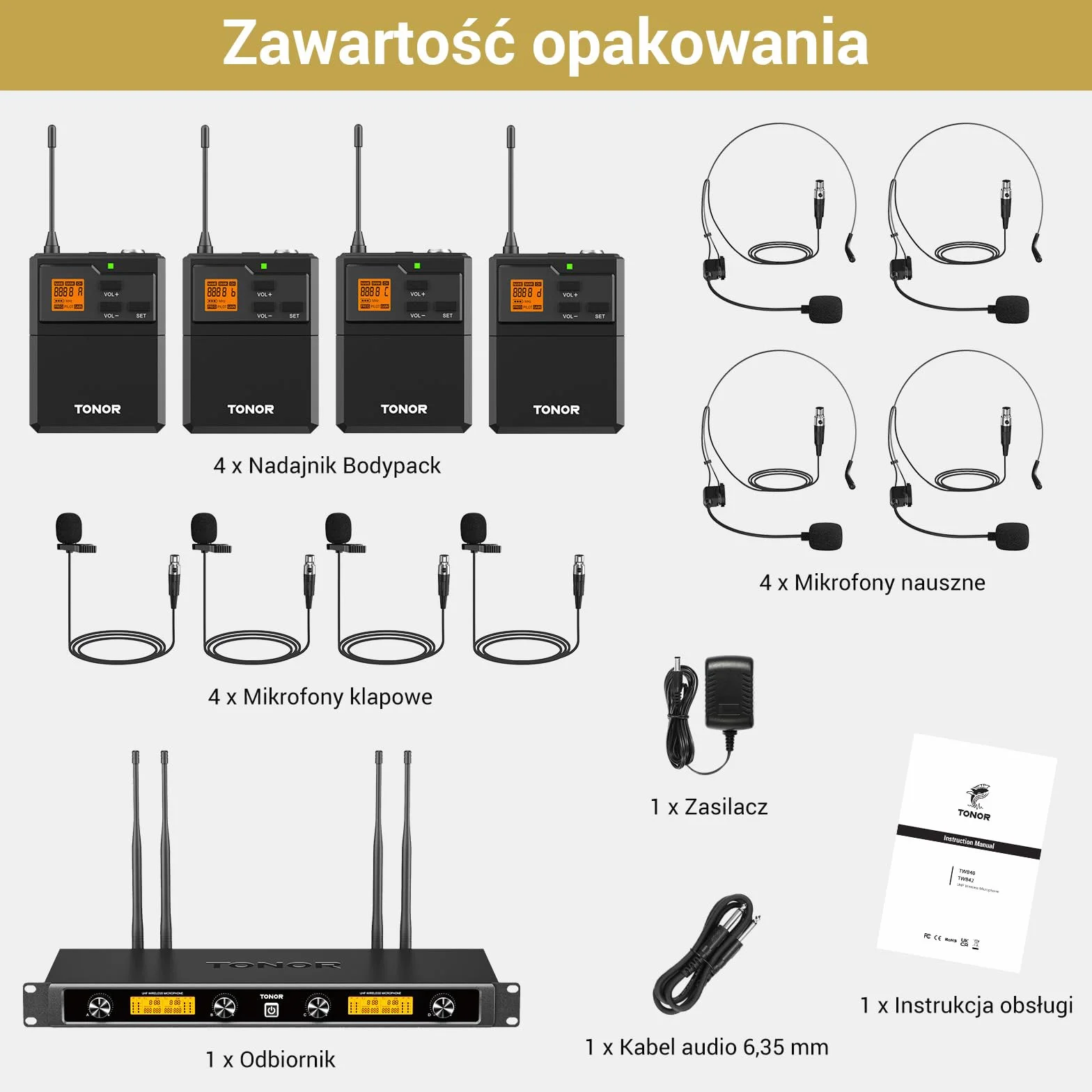 Bezprzewodowy system mikrofonowy TONOR UHF z podwójnymi mikrofonami nausznymi, nadajnikami Bodypack, odbiornikiem akumulatorowym, 4x5 kanałów, zasięg 90 m, do nagrywania mowy, głośników PA