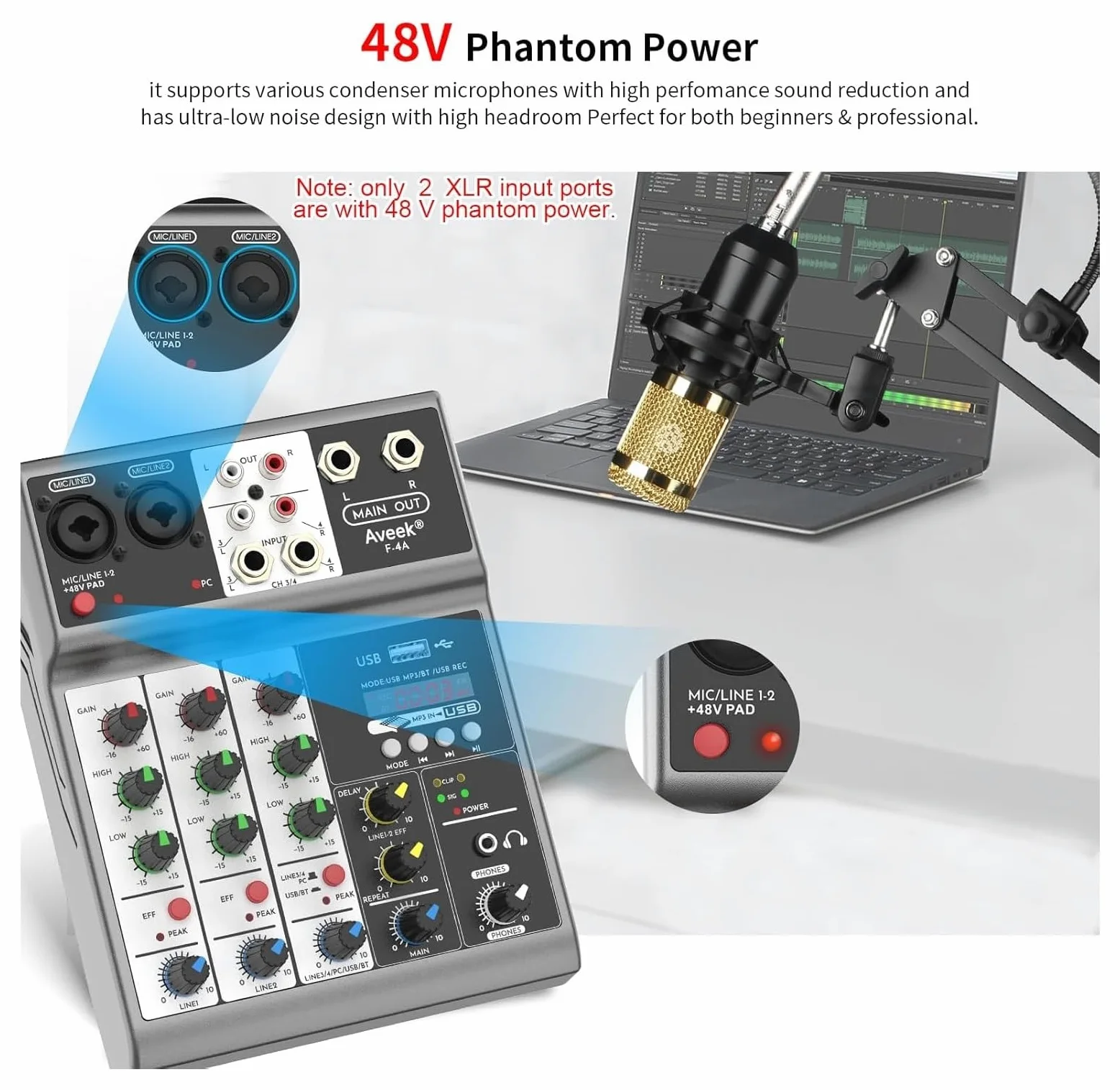 Profesjonalny mikser, konsola miksująca Sound Board z 4-kanałowym cyfrowym efektem opóźnienia echa USB Bluetooth, wejście 48 V stereo