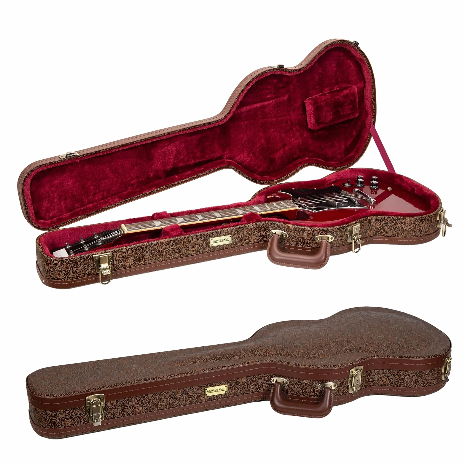 Crossrock drewniany futerał do gitary elektrycznej Gibson SG – Blossom Brown (ekoskóra), bordowa welurowa wyściółka, zamek – Designer Series CRW530SGBQ