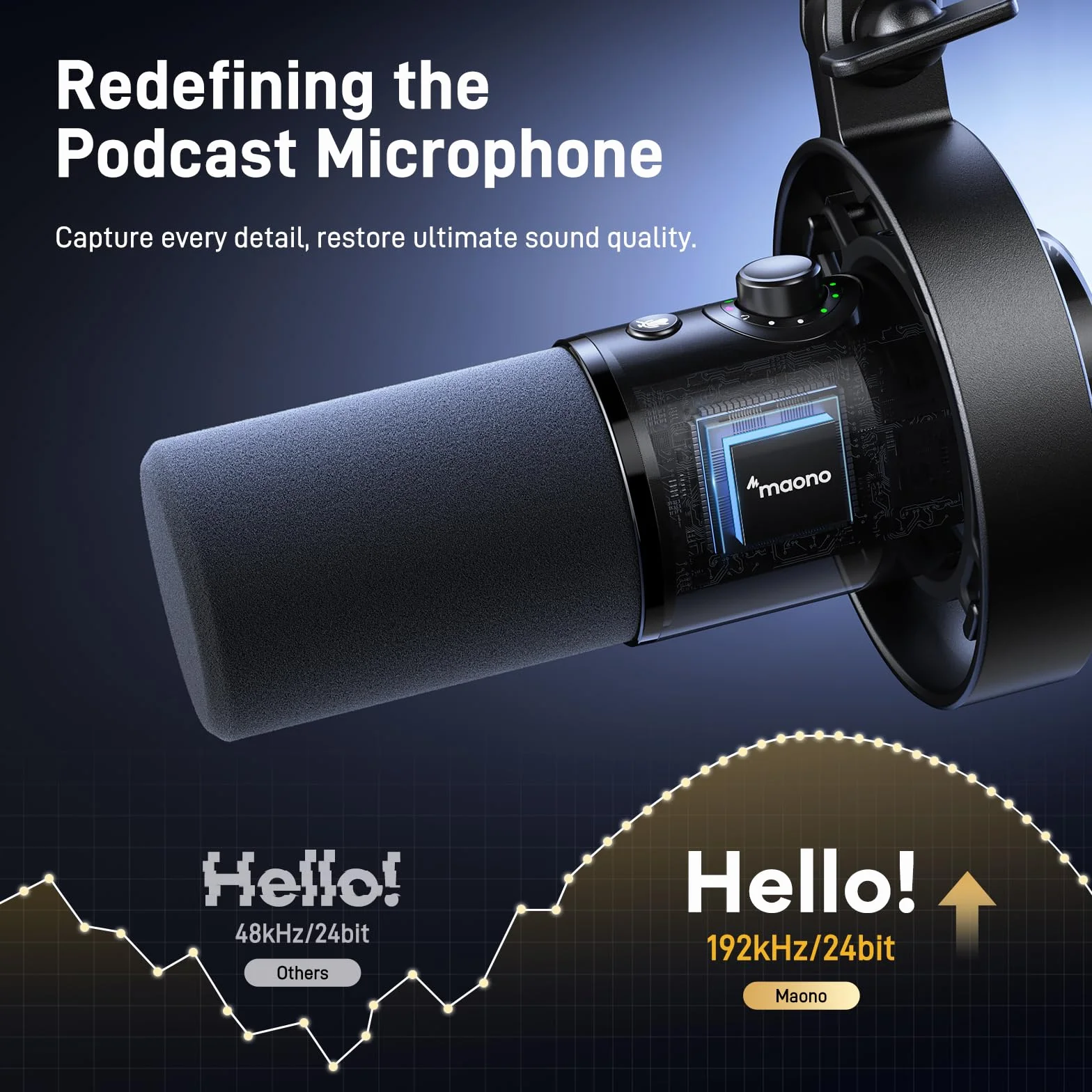 MAONO Mikrofon do podcastów PD300X - mikrofon strumieniowy z głośnikiem, 192 kHz/24-bitowy dźwięk Hi-Fi, oprogramowanie łączące, połączenie USB/XLR. Dynamiczny mikrofon do podcastów, przesyłania